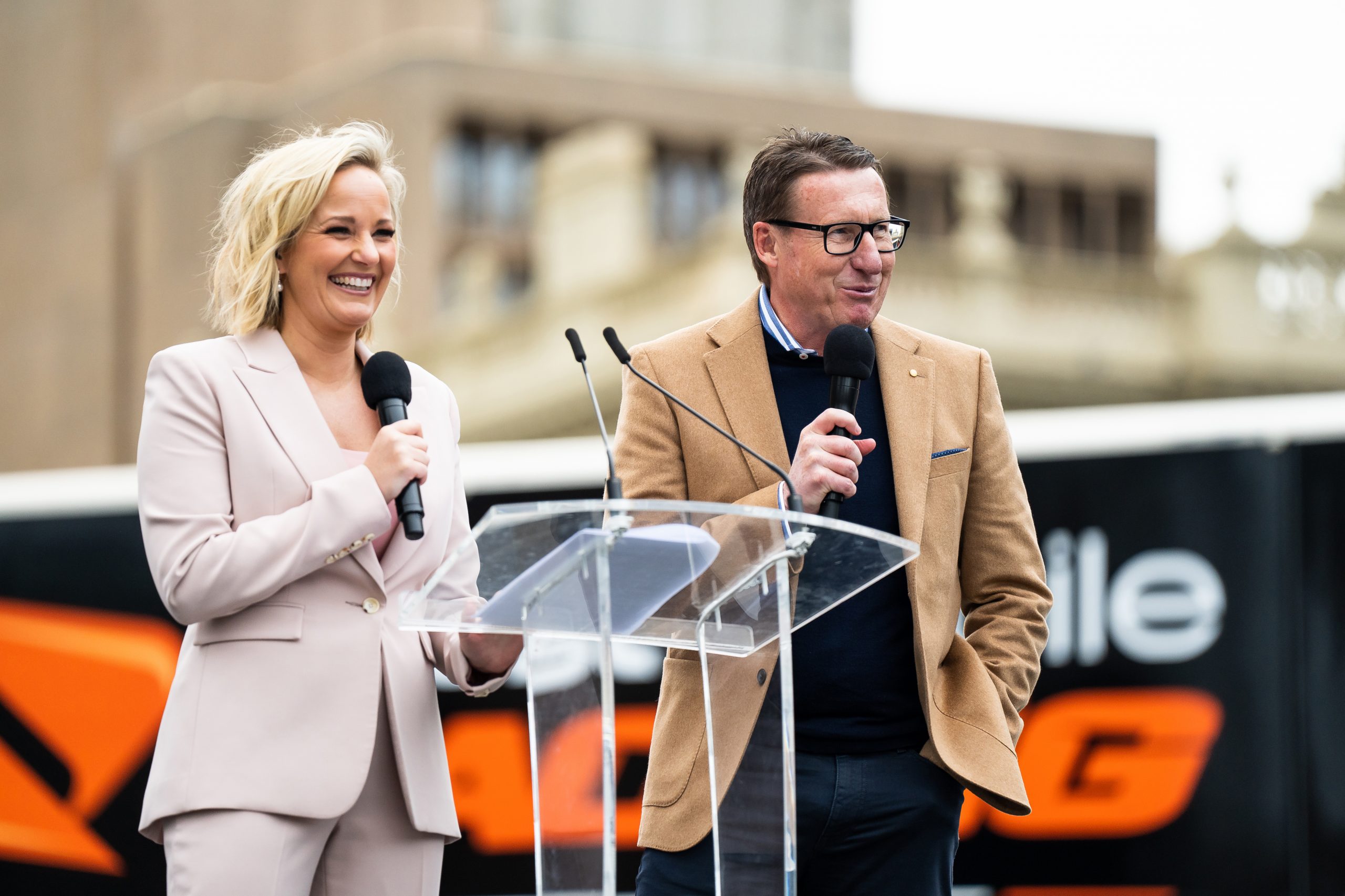 Jess Yates, presemter and Mark Skaife speak during the launch of the 2022 Valo Adelaide 500 on August 02, 2022 in Adelaide, Australia. (Photo by Daniel Kalisz/Getty Images)