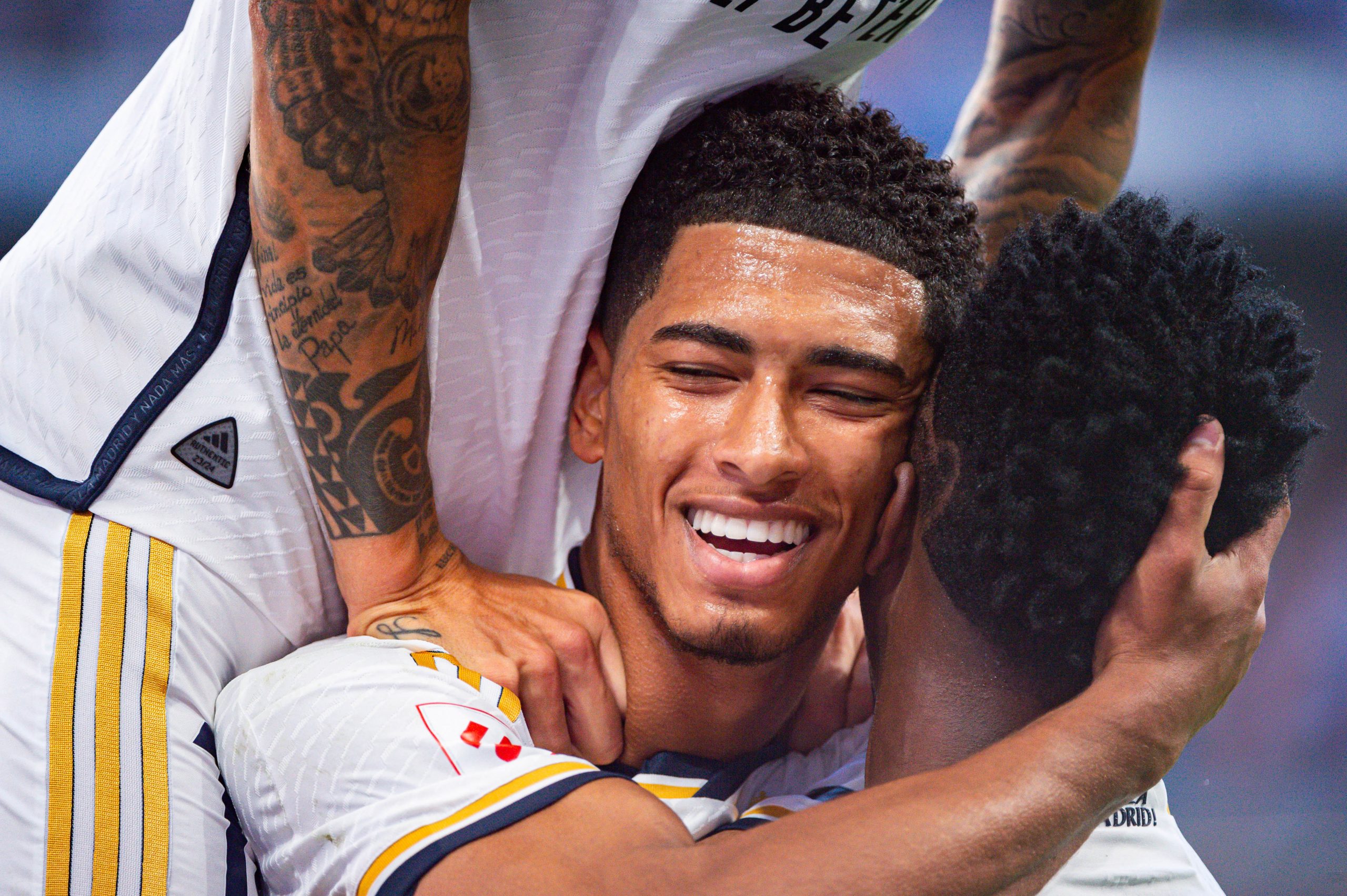 Jude Bellingham celebrates a goal with Vinicius Junior.