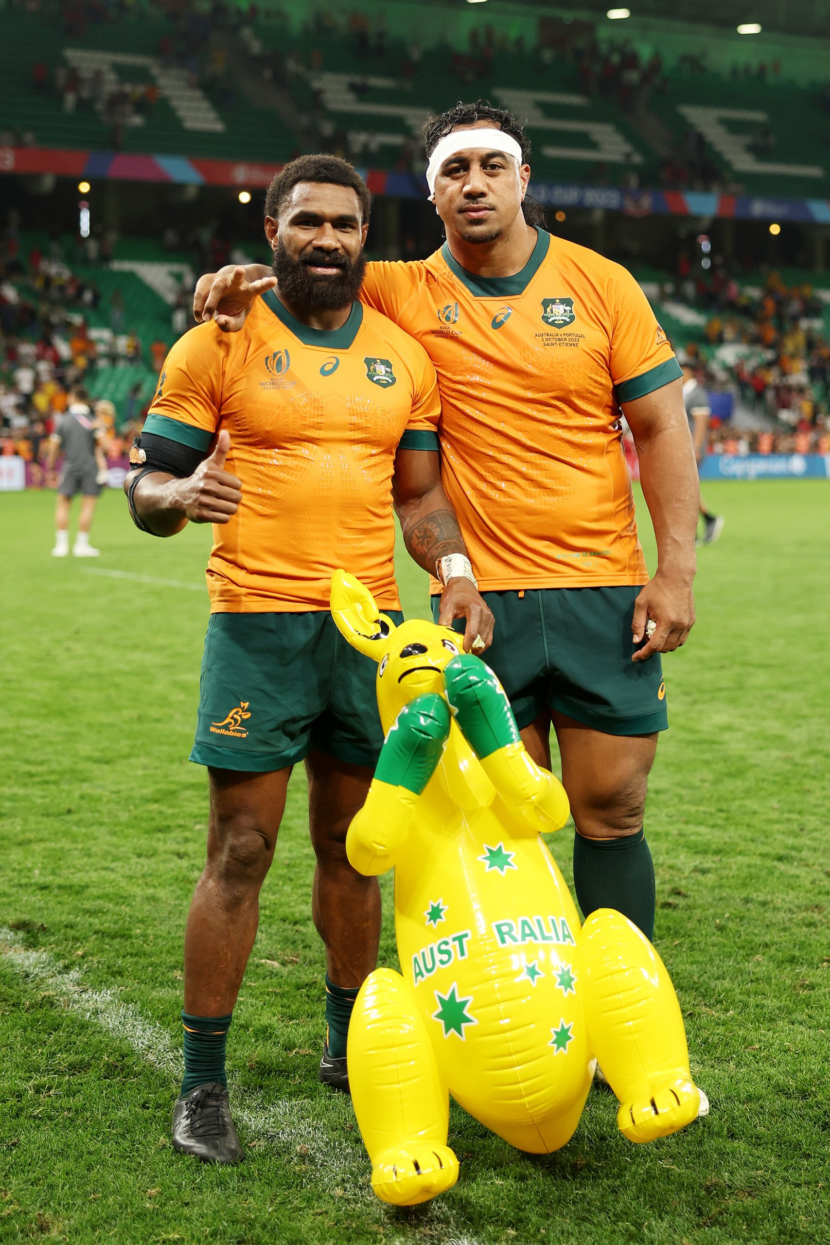 Marika Koroibete and Pone Fa'amausili of Australia pose for a photo at fulltime.