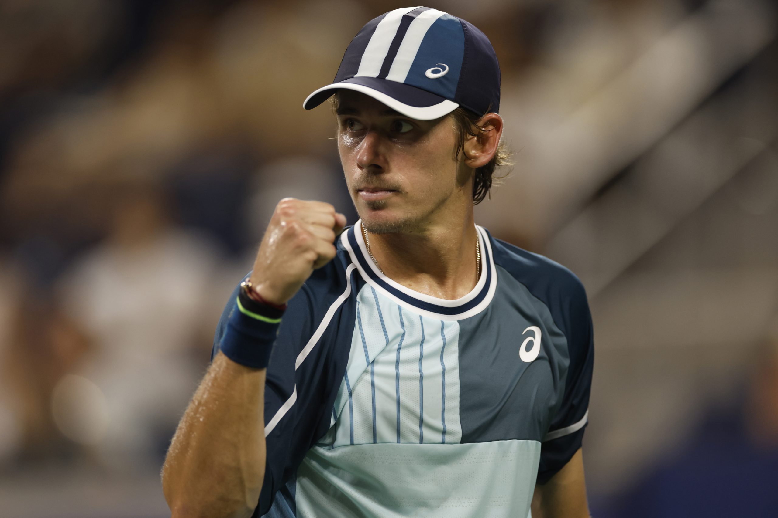 Alex de Minaur of Australia reacts against Daniil Medvedev of Russia.