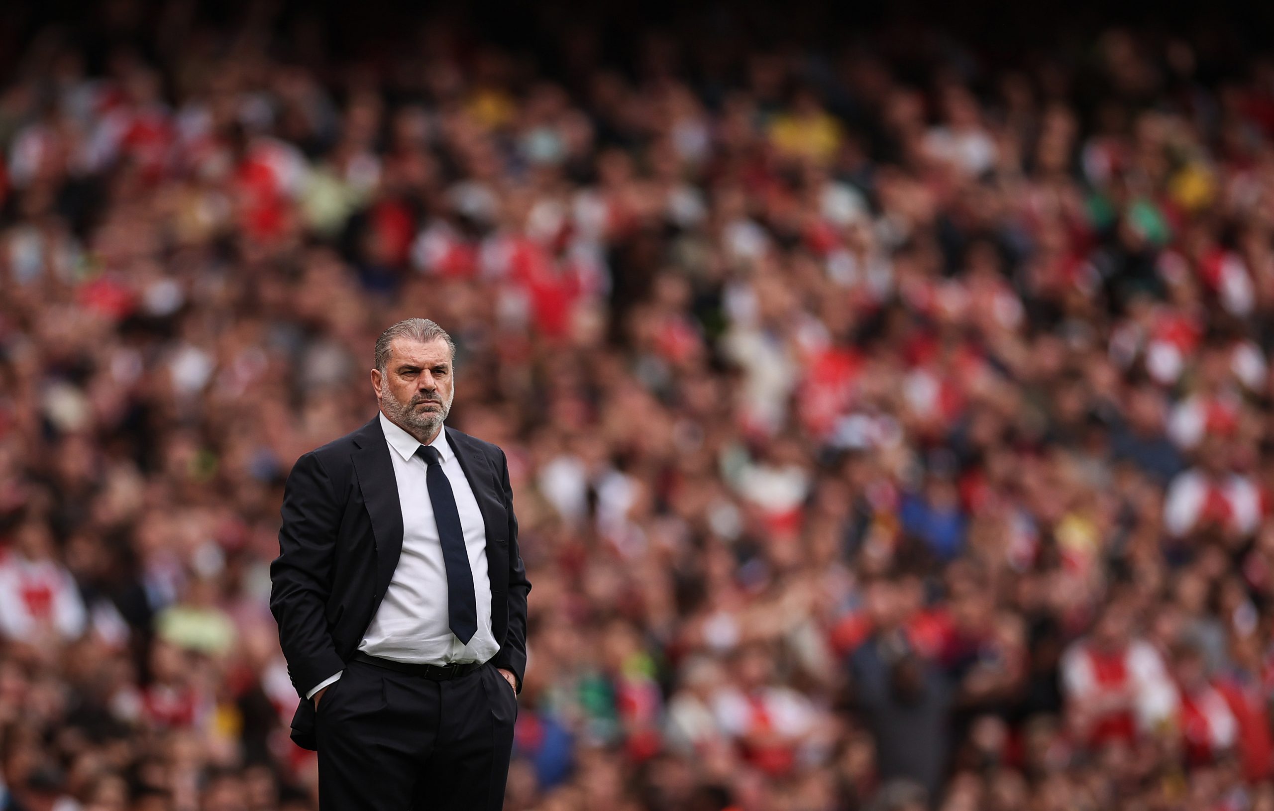 Ange Postecoglou, Manager of Tottenham Hotspur, reacts during the Premier League match between Arsenal FC and Tottenham Hotspur at Emirates Stadium on September 24, 2023 in London, England. (Photo by Ryan Pierse/Getty Images)