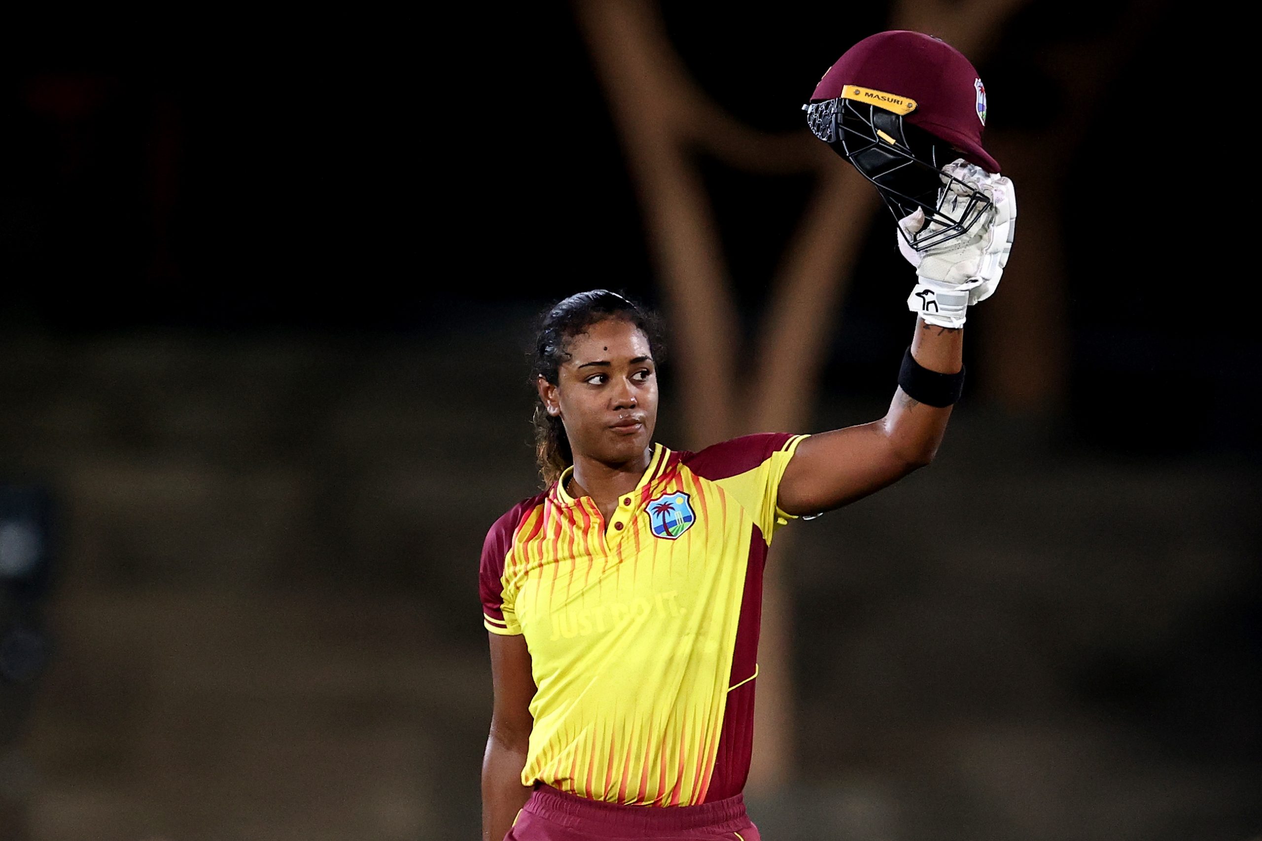 Hayley Matthews celebrates scoring a century during game two of the T20I series between Australia and the West Indies at North Sydney Oval.