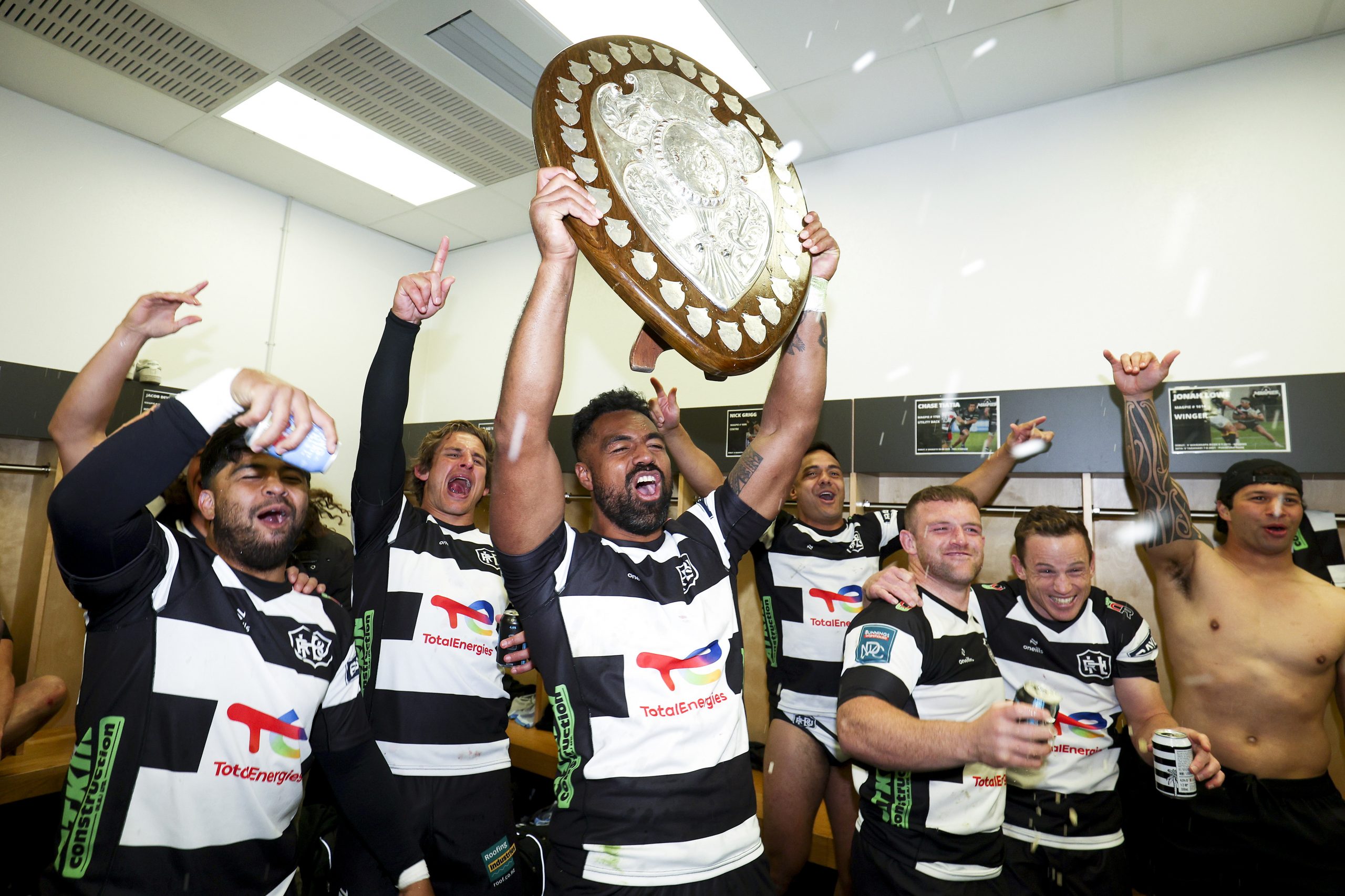 Lolagi Visinia of Hawke's Bay celebrates after winning the Ranfurly Shield.