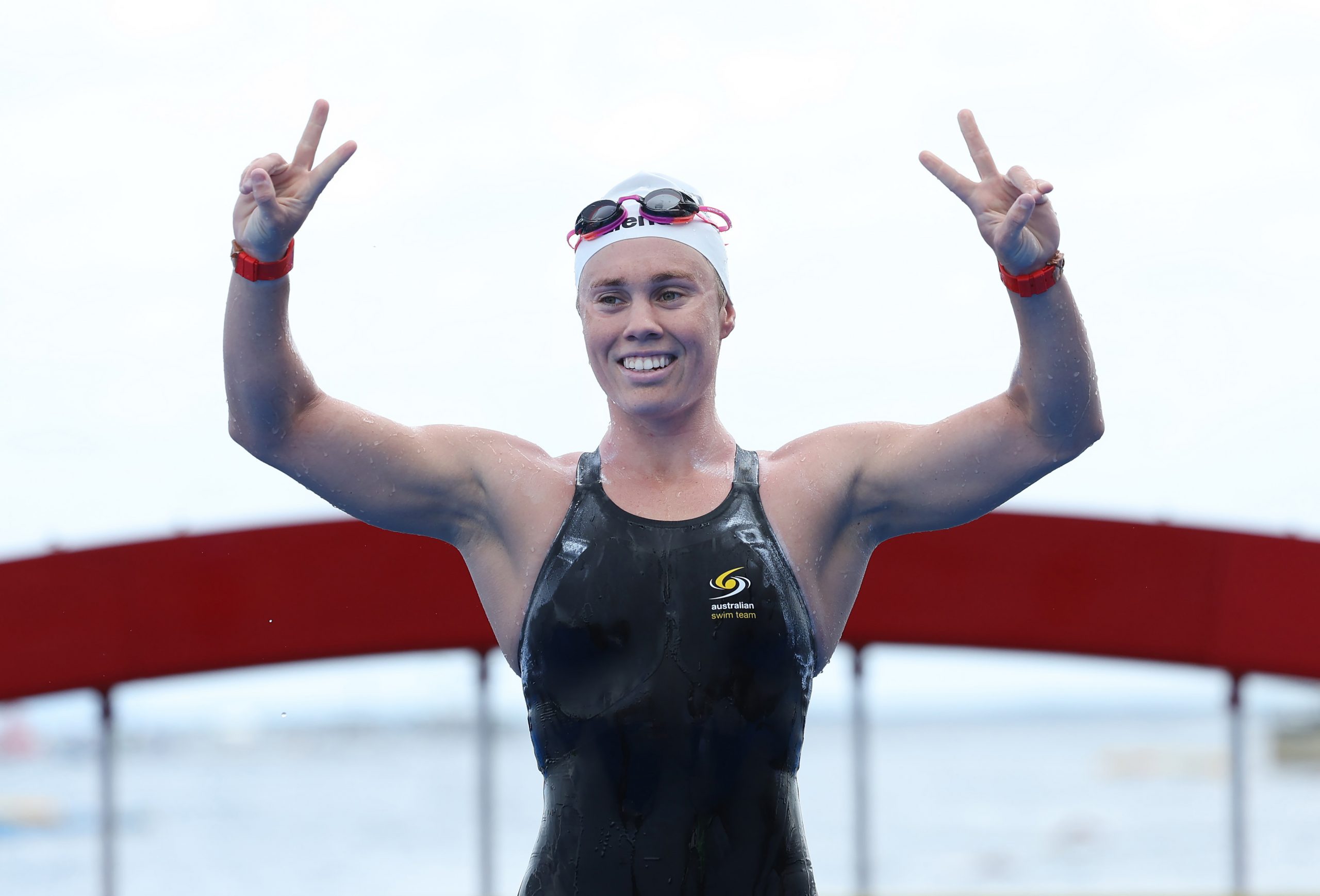 Chelsea Gubecka celebrates winning silver at the world championships in Fukuoka in July.