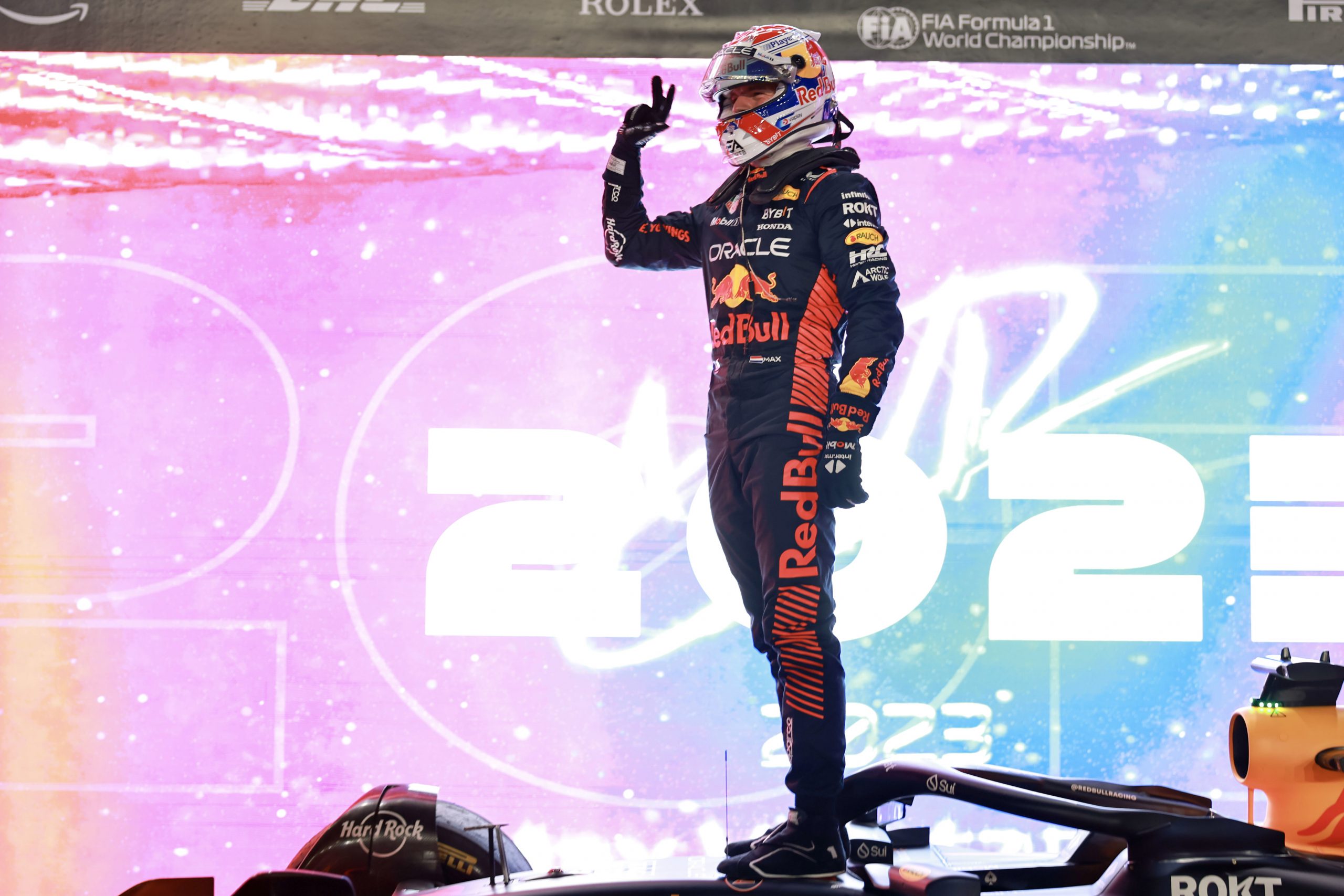 Max Verstappen of the Netherlands and Oracle Red Bull Racing celebrates winning the world championship in parc feme during the Sprint Shootout/Sprint ahead of the F1 Grand Prix of Qatar at Lusail International Circuit on October 7, 2023 in Lusail City, Qatar. (Photo by Qian Jun/MB Media/Getty Images)