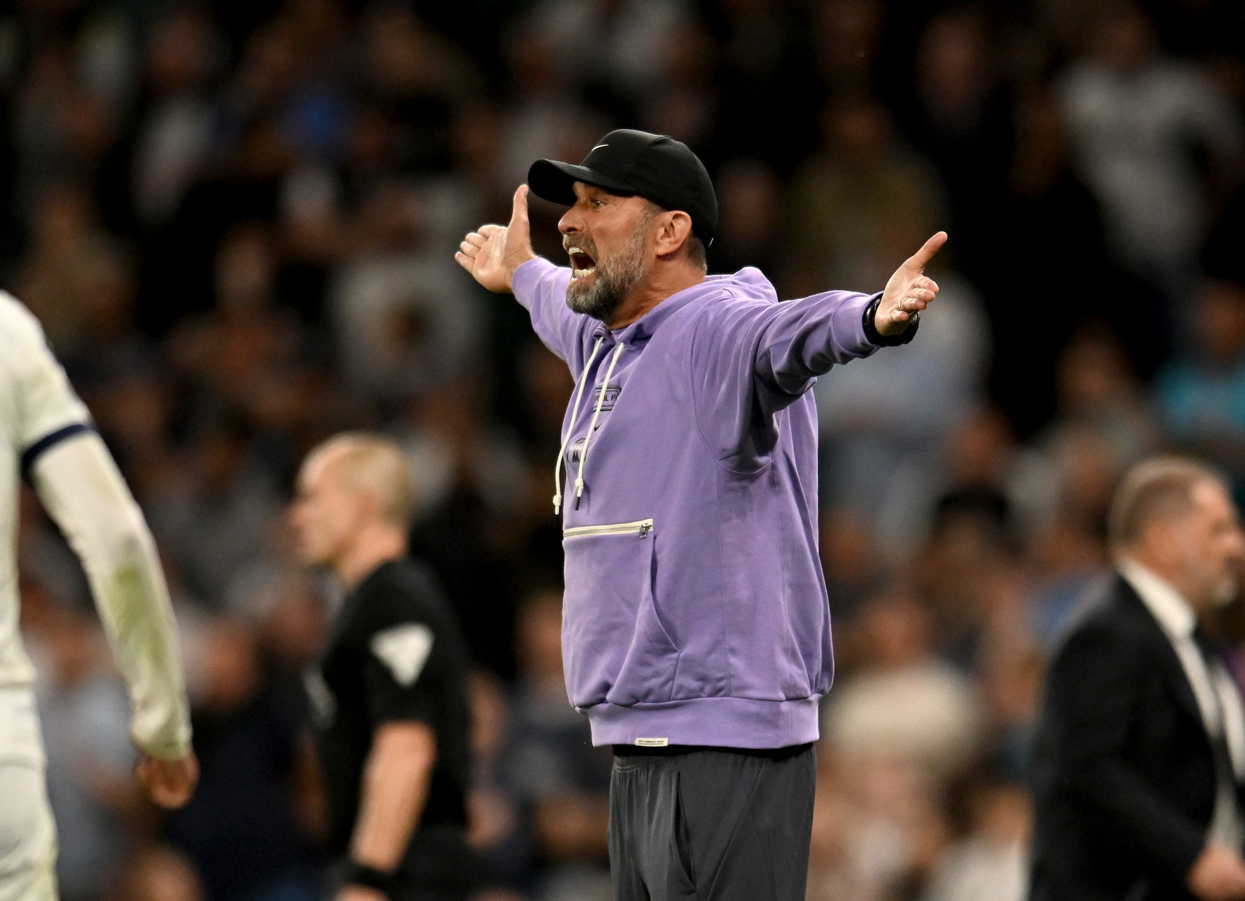 Jurgen Klopp manager of Liverpool reacting during the Premier League match between Tottenham Hotspur and Liverpool FC at Tottenham Hotspur Stadium on September 30, 2023 in London, England. (Photo by Andrew Powell/Liverpool FC via Getty Images)