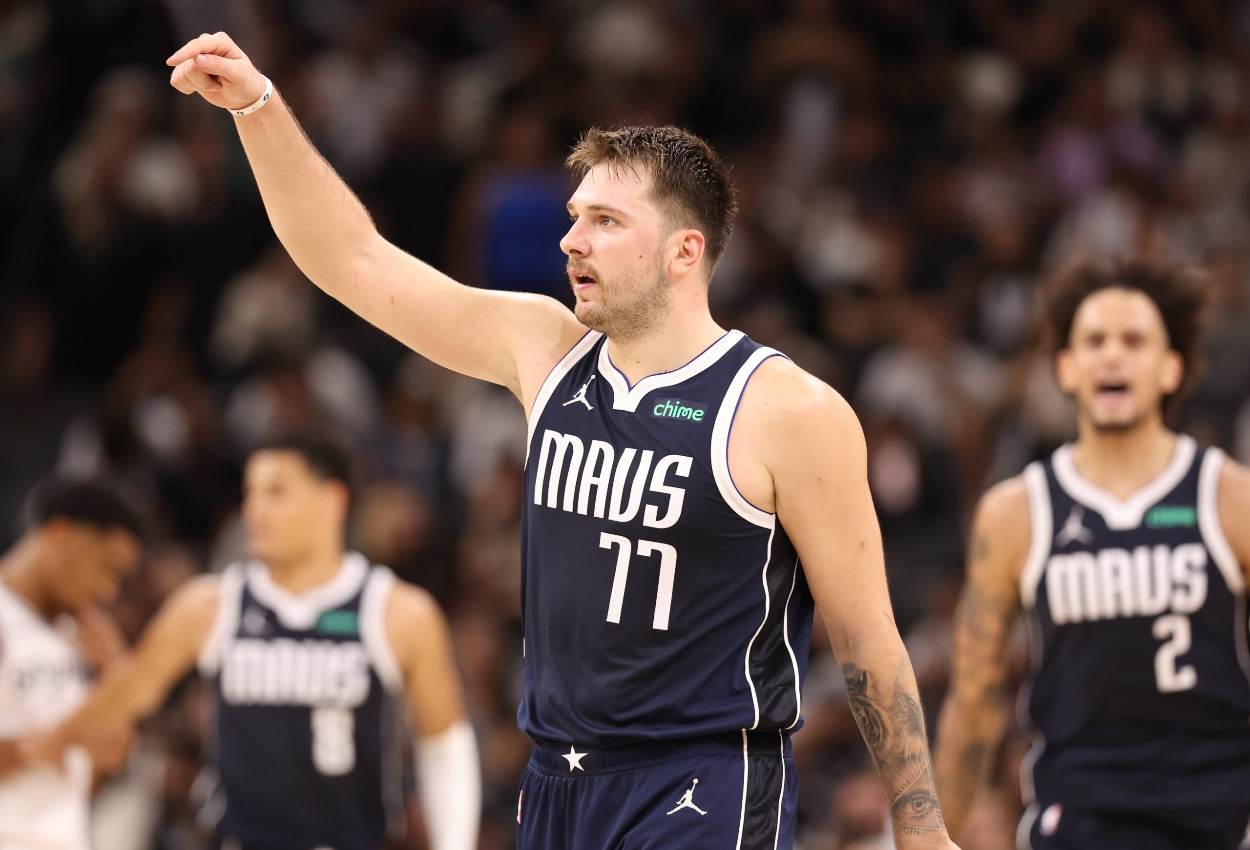 SAN ANTONIO, TEXAS - OCTOBER 25: Luka Doncic #77 of the Dallas Mavericks reacts after a 126-119 victory against the San Antonio Spurs at Frost Bank Center on October 25, 2023 in San Antonio, Texas. 