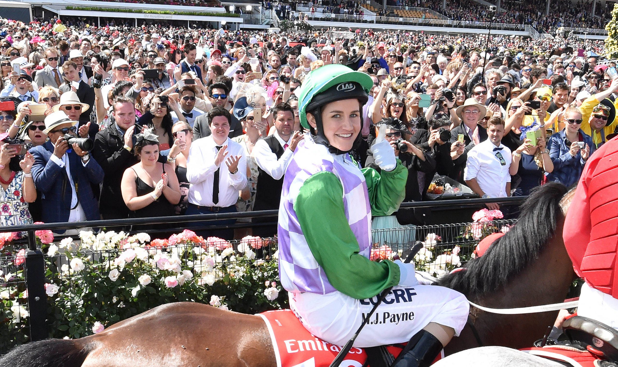 Michelle Payne on Prince of Penzance wins the 2015 Melbourne Cup.