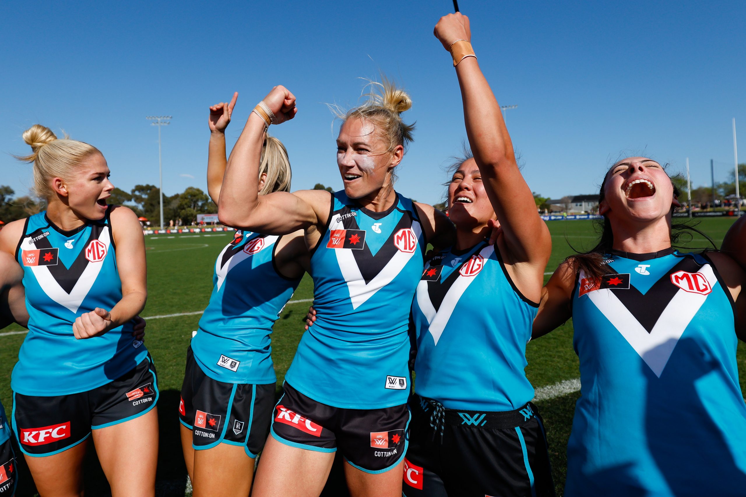 Erin Phillips of the Power sings the team song after defeating St Kilda in round three of the 2023 AFLW season.