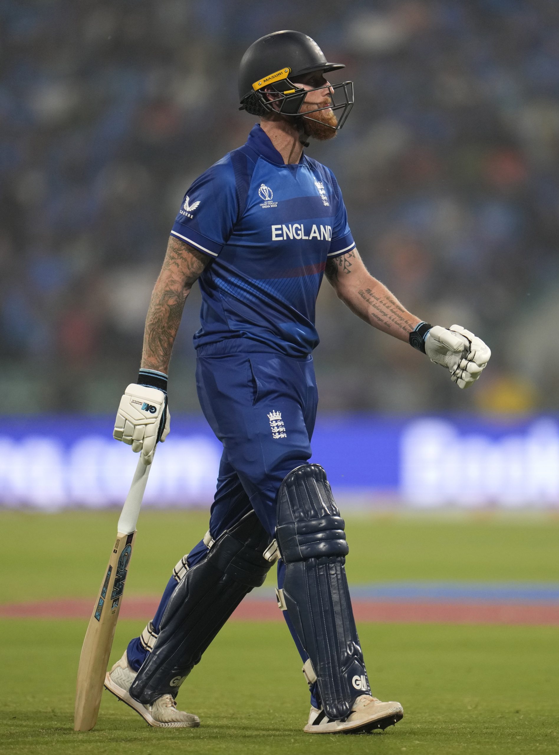 England all-rounder Ben Stokes trudges off after losing his wicket in Lucknow.