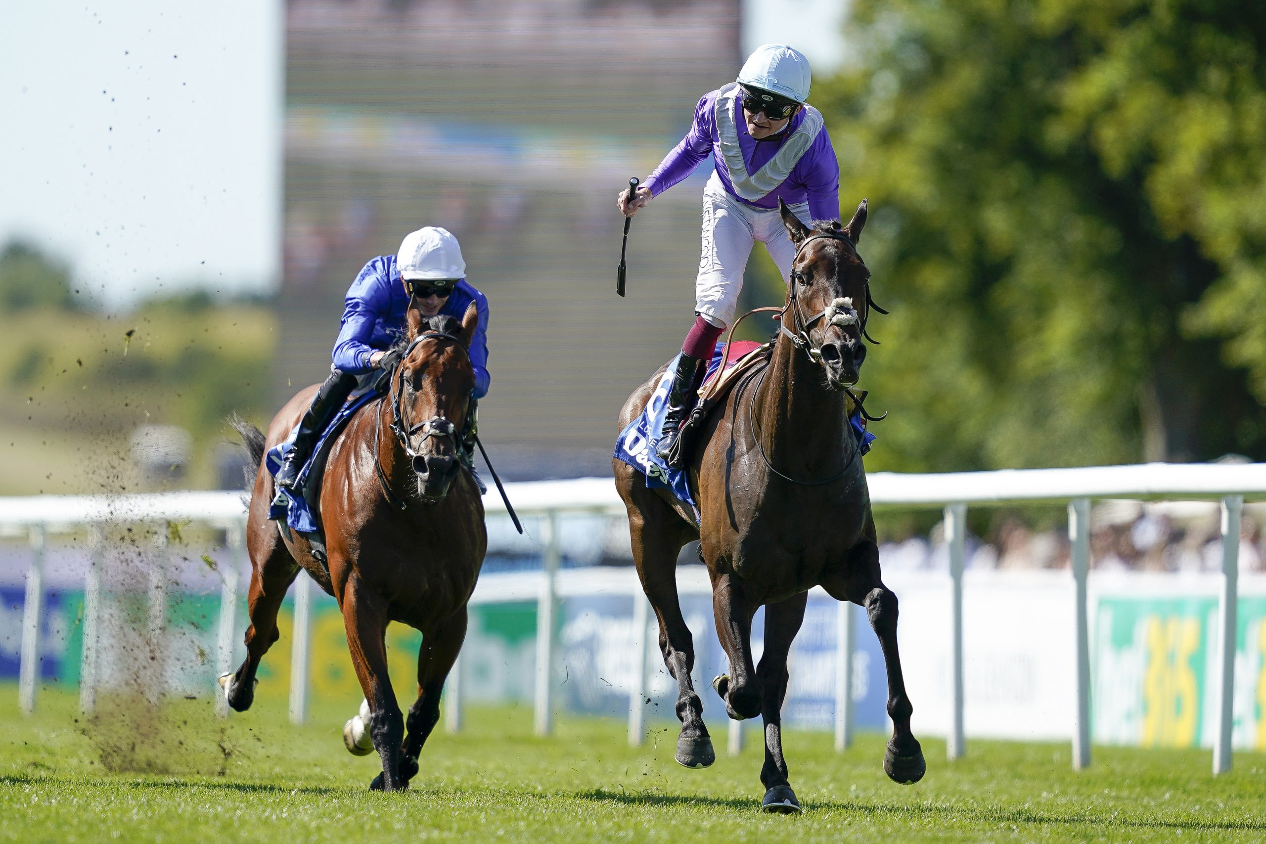 Rob Hornby riding Alcohol Free (right) to victory in The Darley July Cup Stakes at Newmarket in 2022.