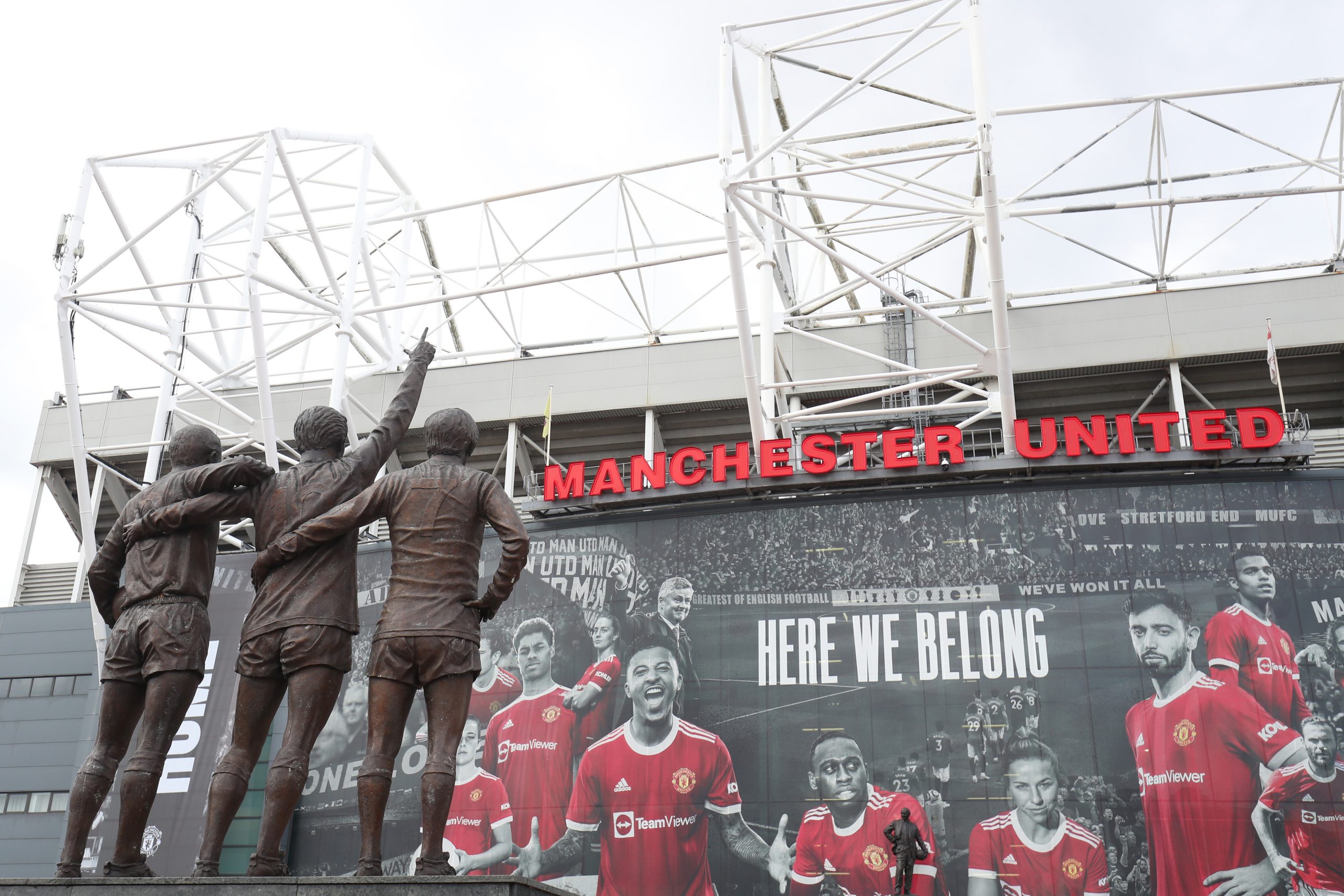 General view outside the stadium where the United Trinity statue is seen prior to the Premier League match between Manchester United and Leeds United at Old Trafford on August 14, 2021 in Manchester, England. (Photo by Alex Morton/Getty Images)
