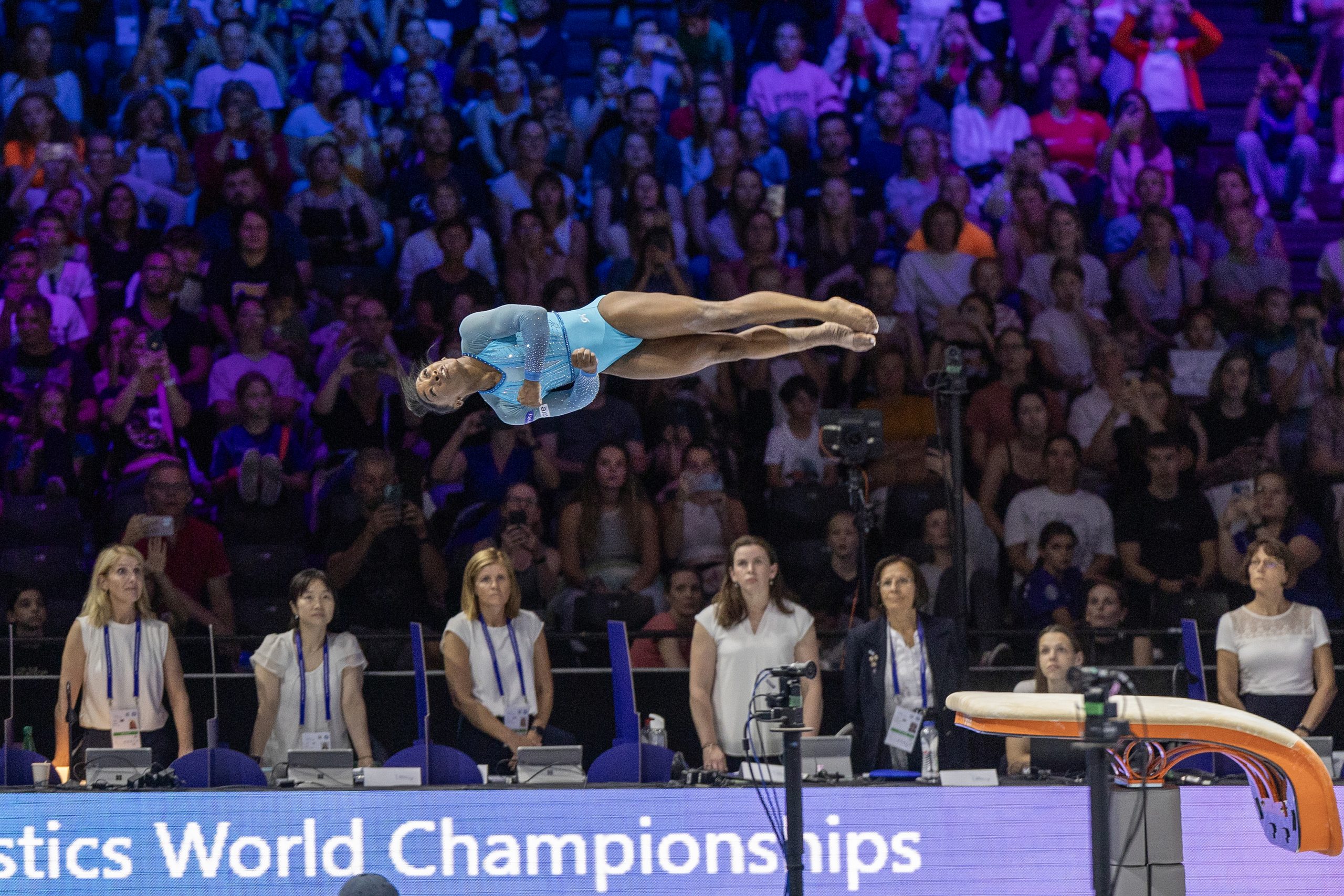 Simone Biles attempts a Yurchenko double pike at the Artistic Gymnastics World Championships in Antwerp, Belgium.