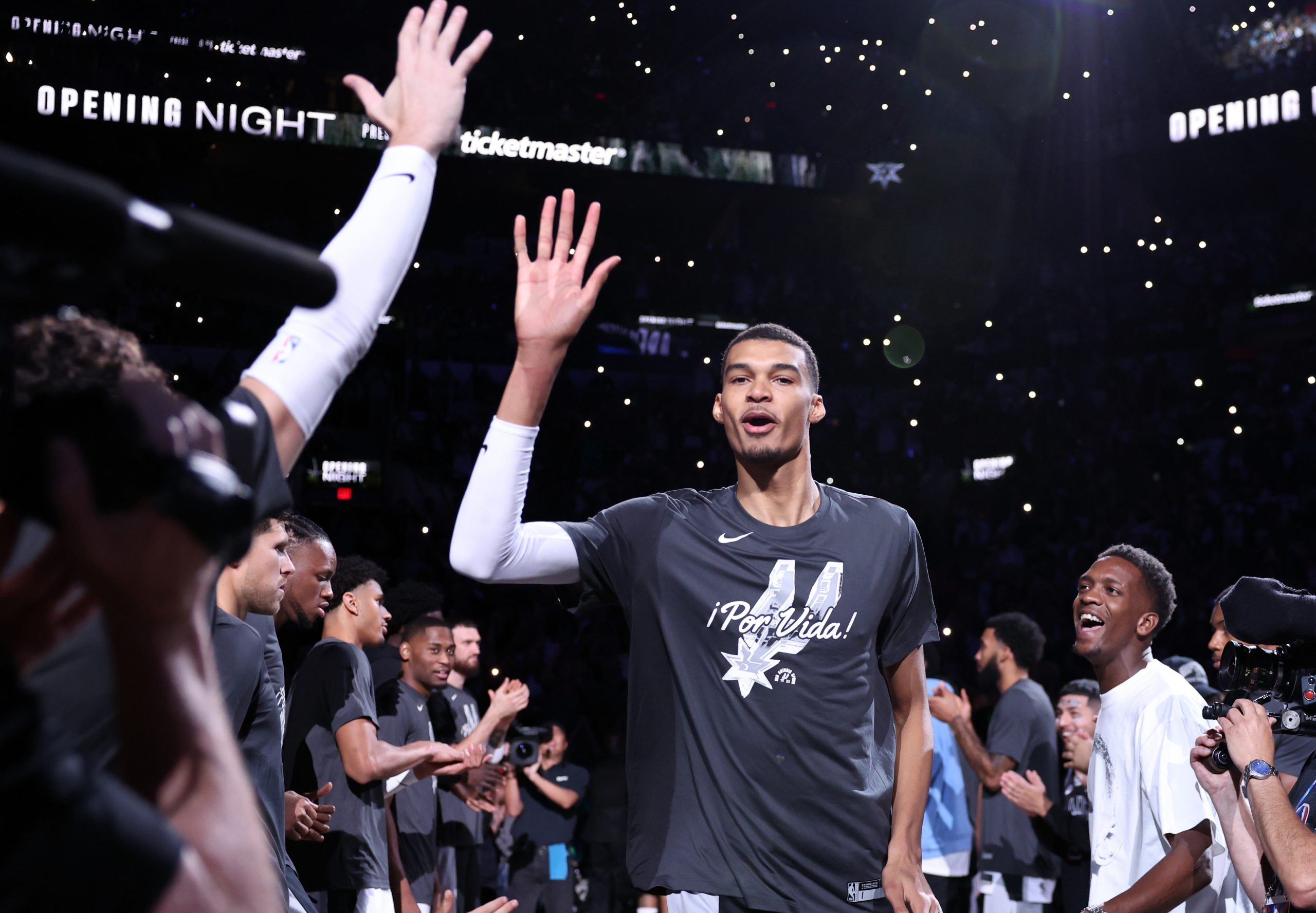 SAN ANTONIO, TEXAS - OCTOBER 25: Victor Wembanyama #1 of the San Antonio Spurs is introduced prior to a game against the Dallas Mavericks at Frost Bank Center on October 25, 2023 in San Antonio, Texas.