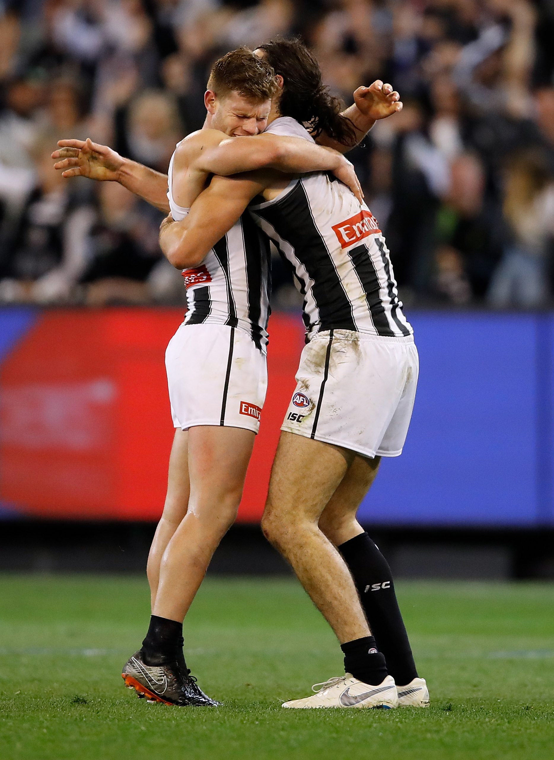 Taylor Adams and Brodie Grundy celebrate on the siren during the 2018 preliminary final.