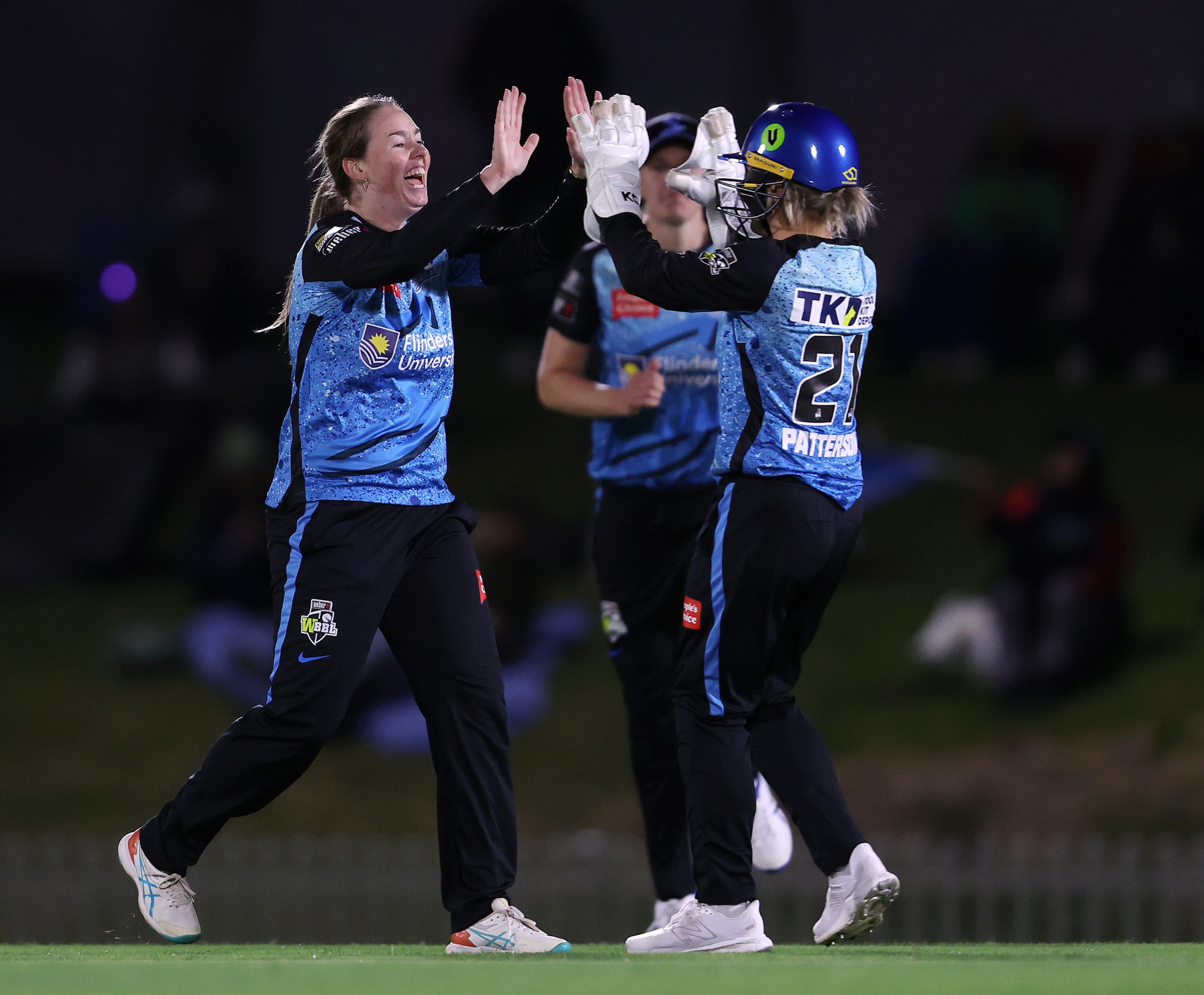 Amanda-Jade Wellington of the Adelaide Strikers  celebrates with Bridget Patterson of the Adelaide Strikers bowling for 1 run Kim Garth of the Melbourne Stars during the WBBL match between Adelaide Strikers and Melbourne Stars at Karen Rolton Oval, on October 21, 2023, in Adelaide, Australia. (Photo by Sarah Reed/Getty Images)