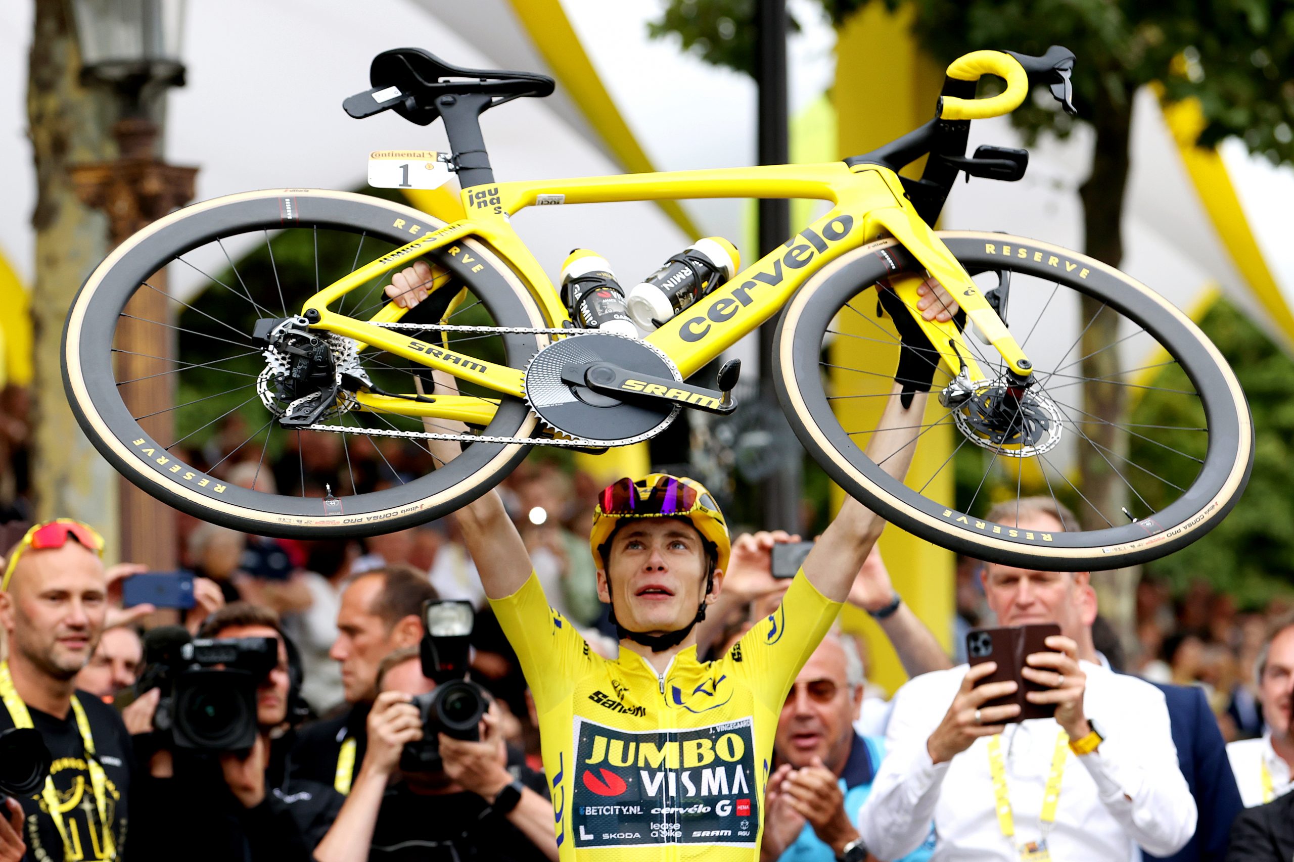 Jonas Vingegaard of Denmark celebrates winning the 2023 Tour de France.