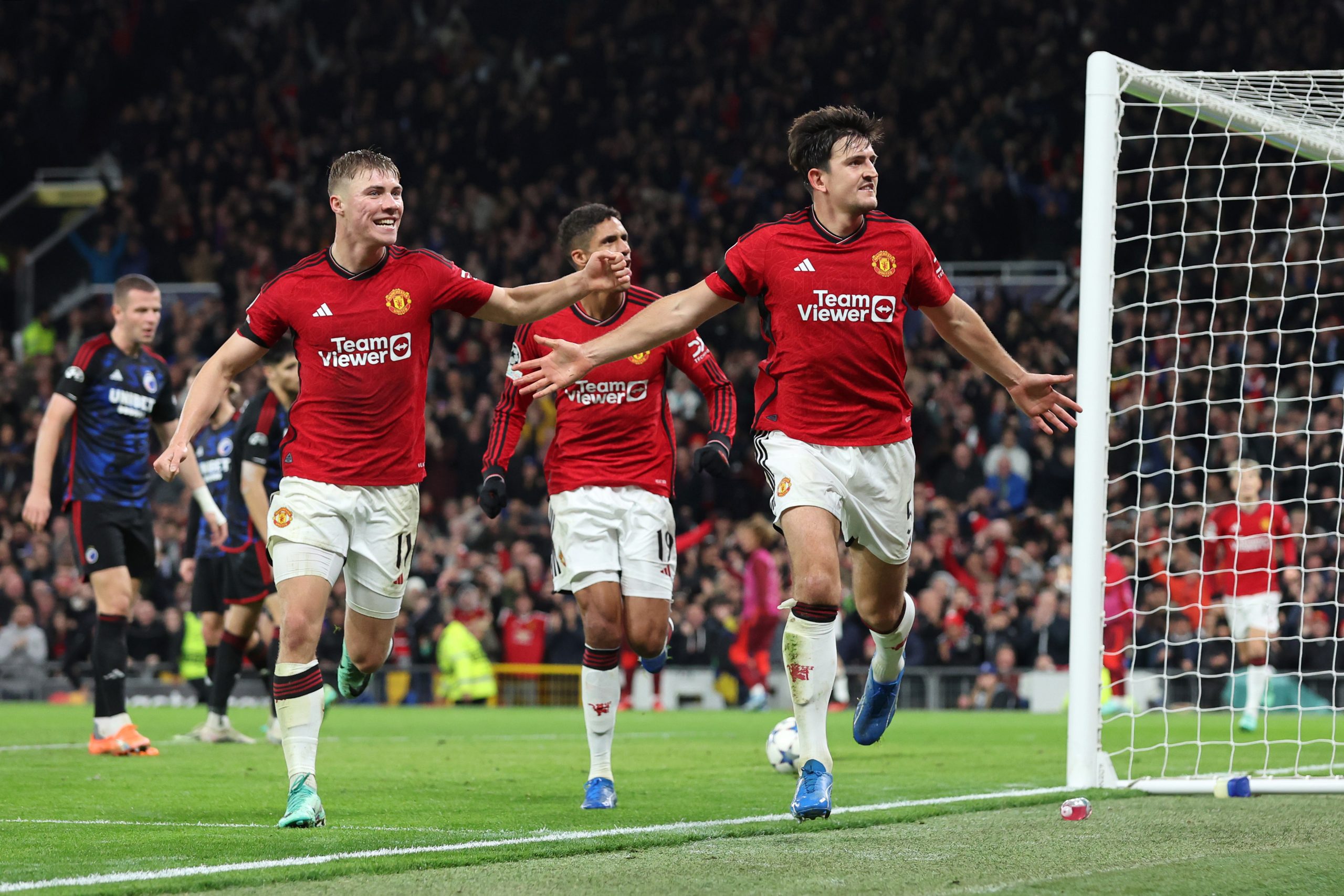 Harry Maguire of Manchester United celebrates after scoring the team's first goal during the UEFA Champions League match between Manchester United and F.C. Copenhagen.