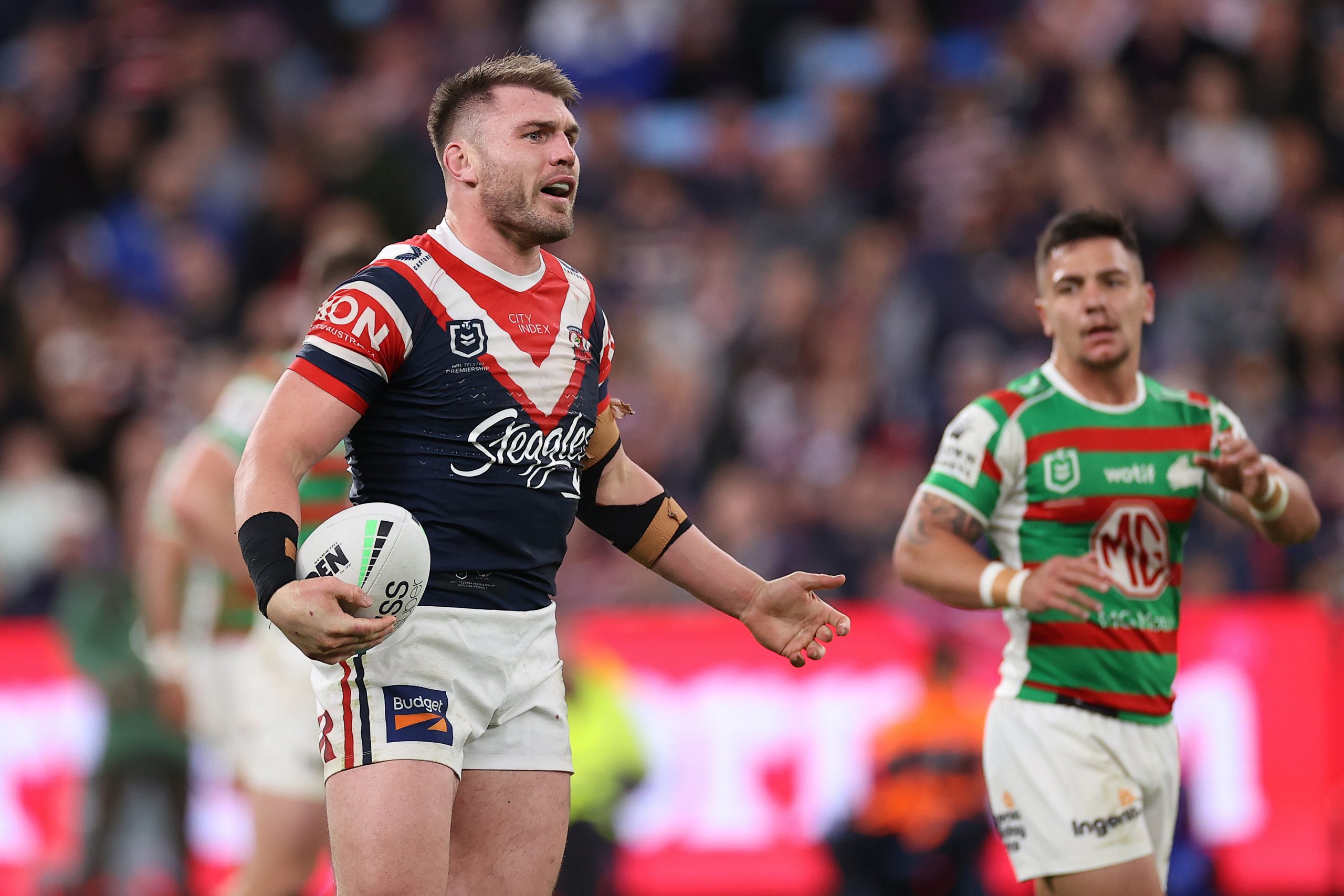 SYDNEY, AUSTRALIA - SEPTEMBER 02: Angus Crichton during the round 25 NRL match between the Sydney Roosters and the South Sydney Rabbitohs at Allianz Stadium, on September 02, 2022, in Sydney, Australia. (Photo by Cameron Spencer/Getty Images)