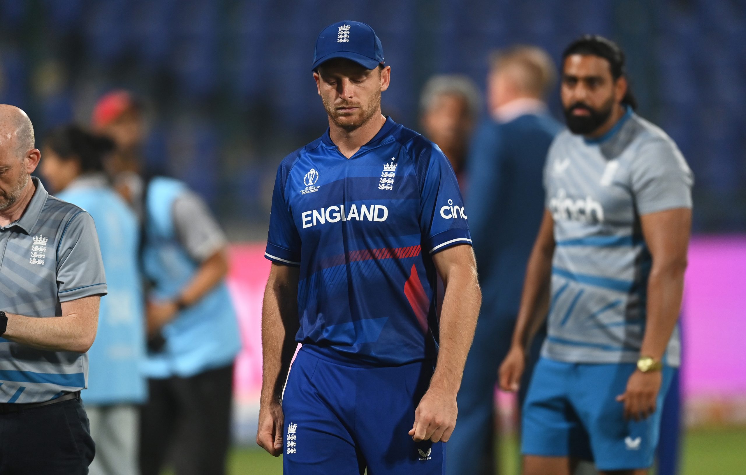 Jos Buttler of England looks on after losing to Afghanistan.