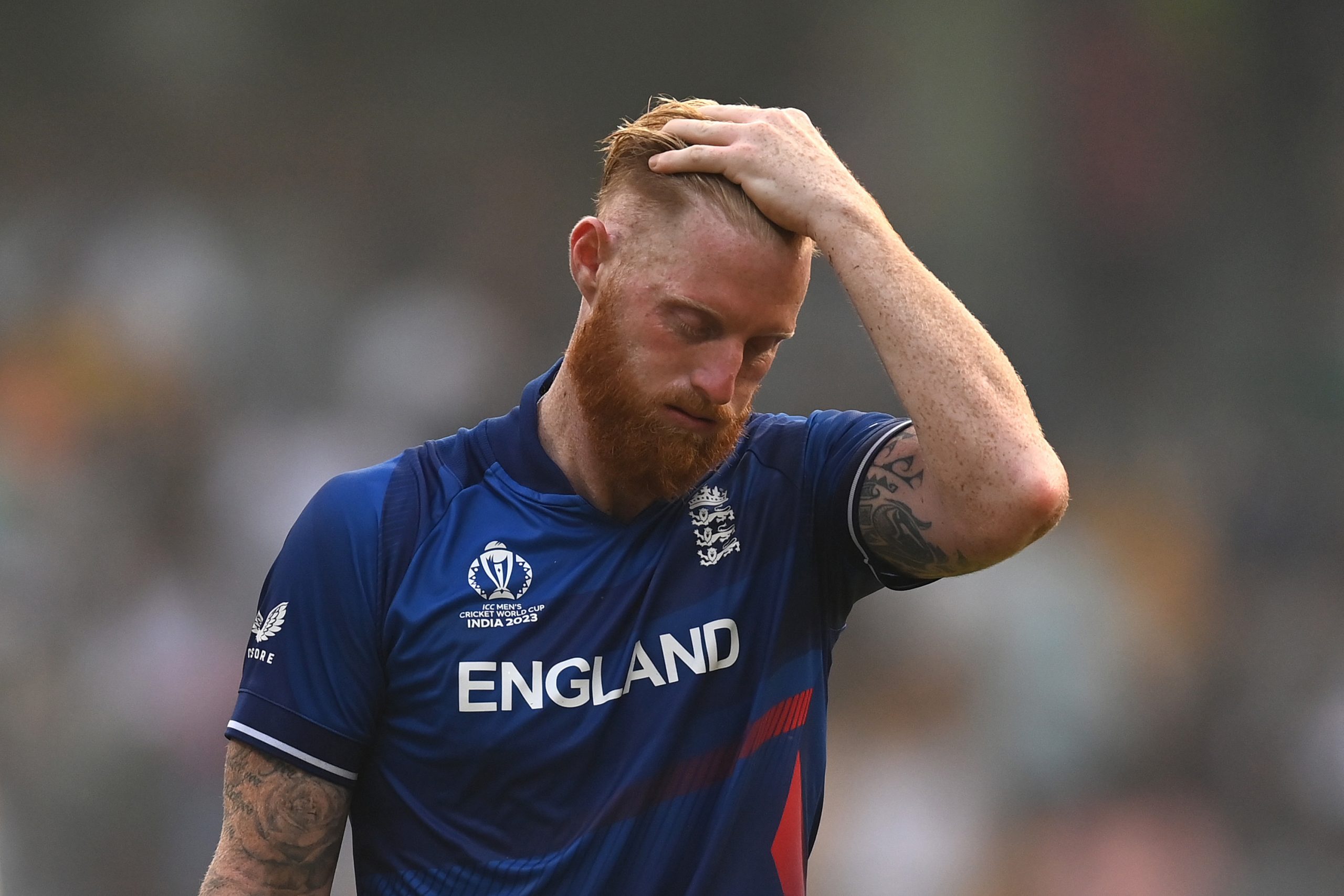Ben Stokes of England reacts during the ICC Men's Cricket World Cup India 2023 match between England and South Africa at Wankhede Stadium on October 21, 2023 in Mumbai, India. (Photo by Gareth Copley/Getty Images)