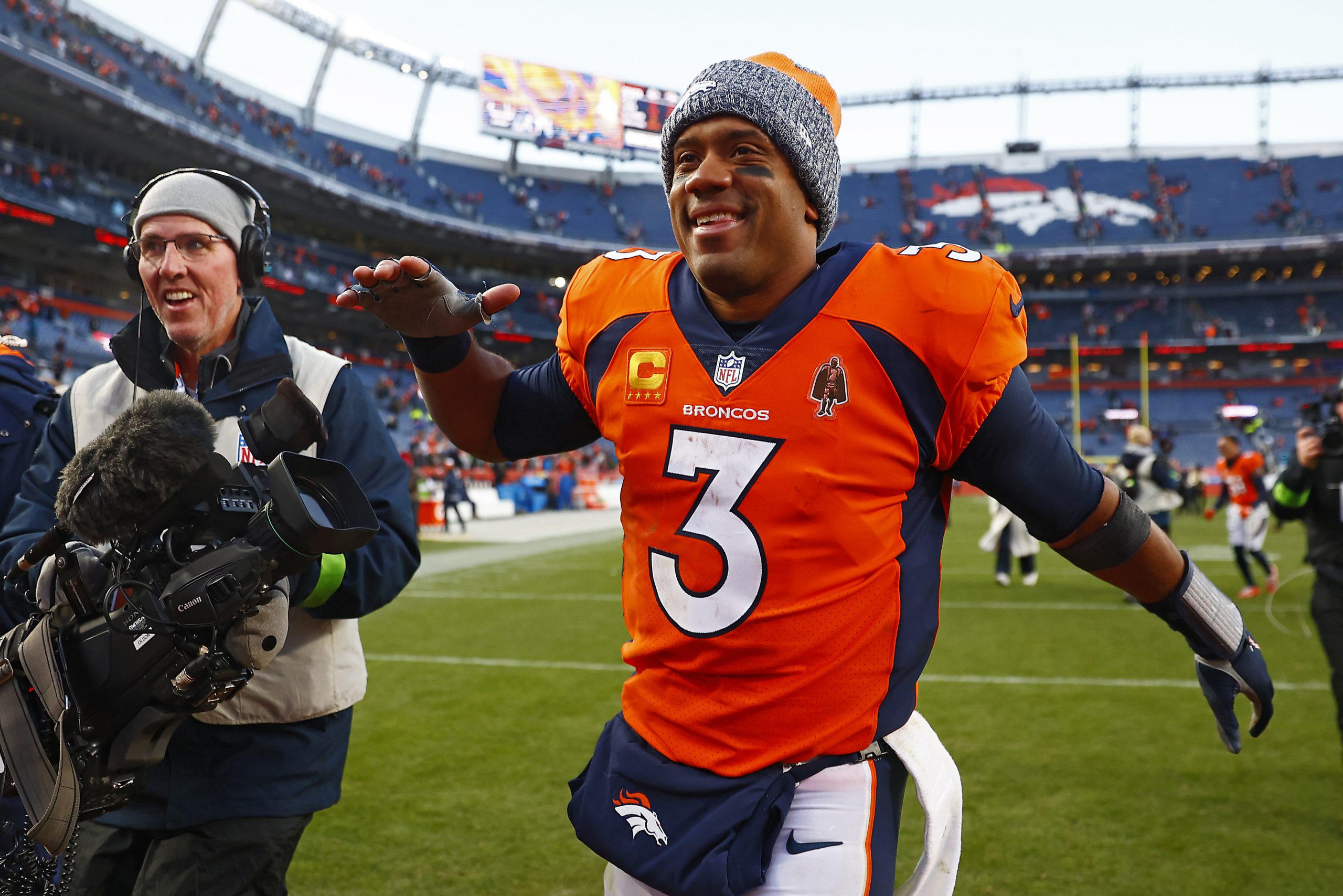 DENVER, COLORADO - OCTOBER 29: Russell Wilson #3 of the Denver Broncos reacts after beating the Kansas City Chiefs 24-9 at Empower Field At Mile High on October 29, 2023 in Denver, Colorado. (Photo by Justin Edmonds/Getty Images)