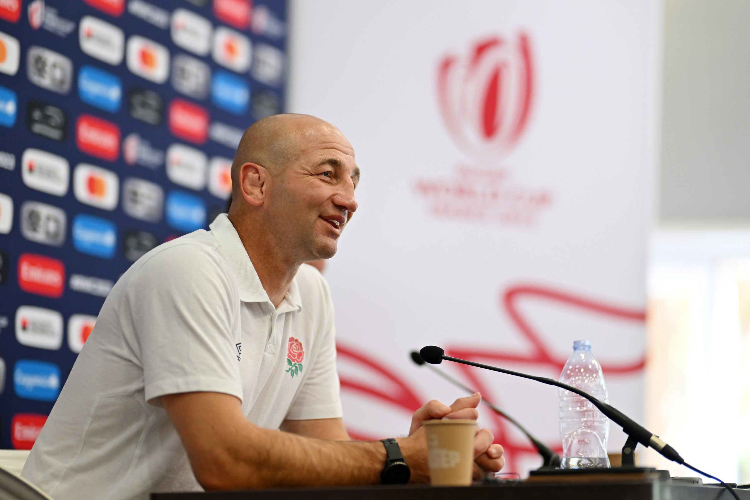 Steve Borthwick, head coach of England, speaks to the media following a training session.