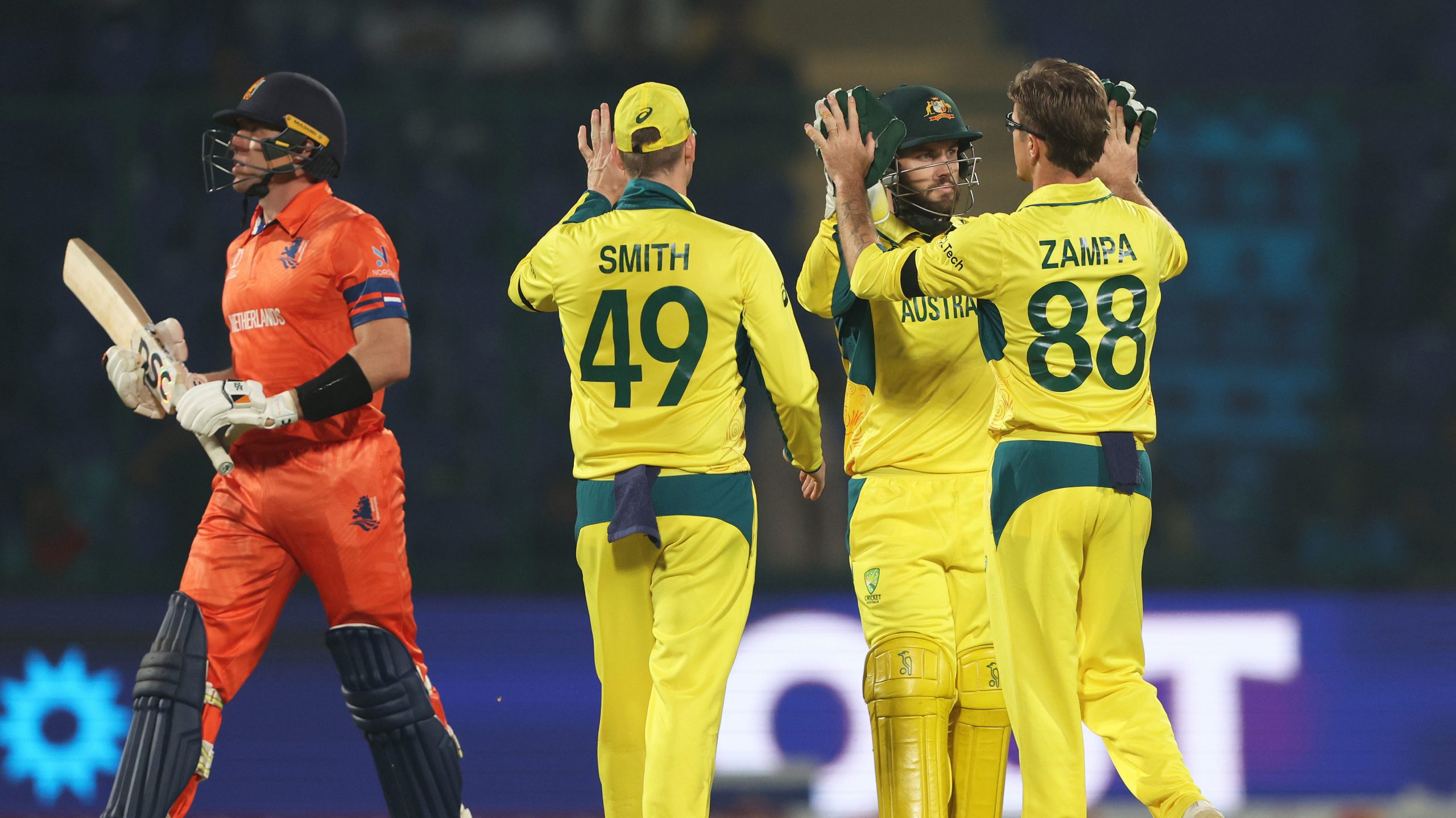 Adam Zampa celebrates the wicket of Logan van Beek of Netherlands during Australia's ODI World Cup win.