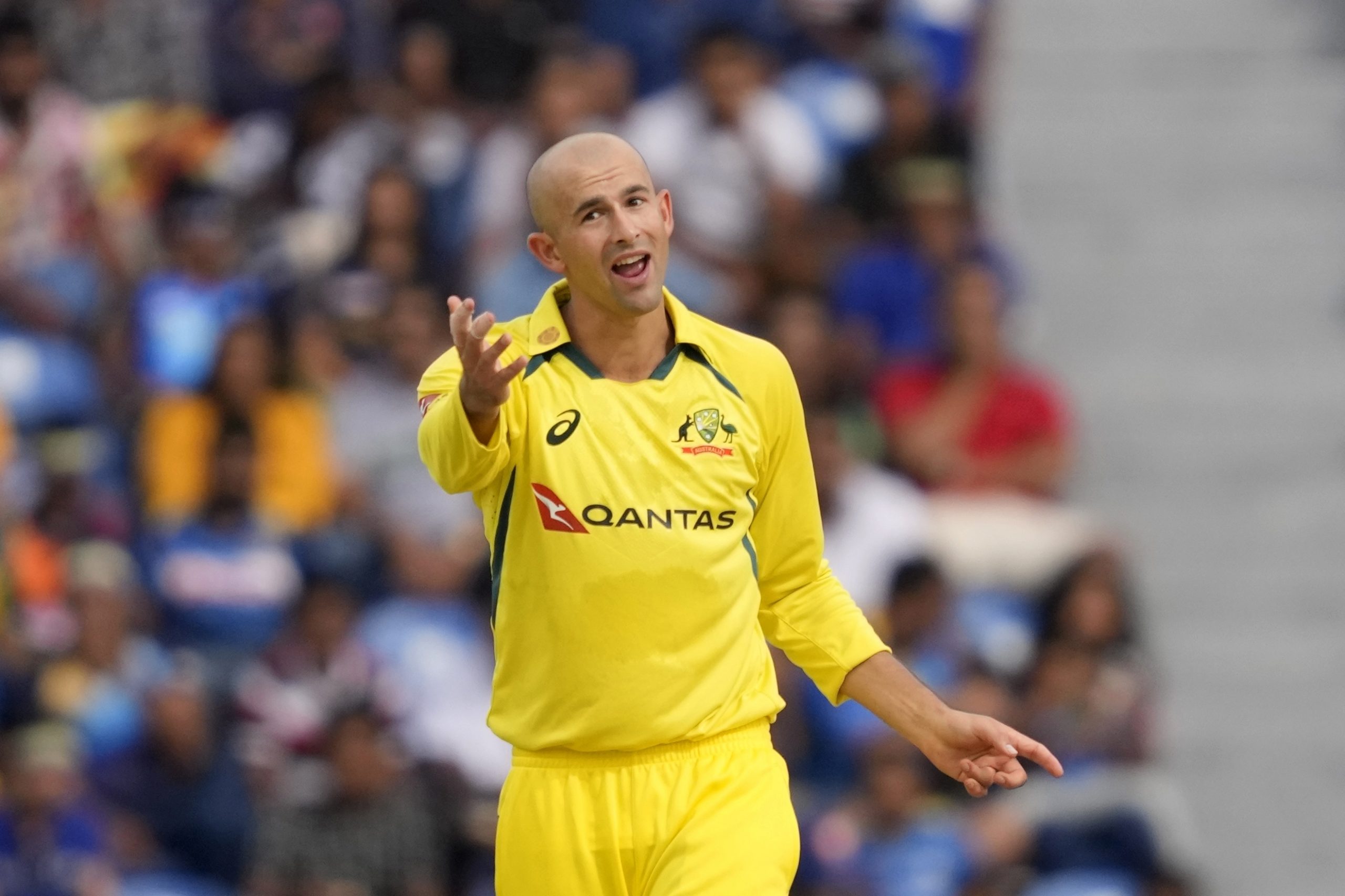 Australia's Ashton Agar reacts after delivering a ball during the first one day international cricket match between Australia and Sri Lanka in Pallekele, Sri Lanka, Tuesday, June 14, 2022. (AP Photo/Eranga Jayawardena)
