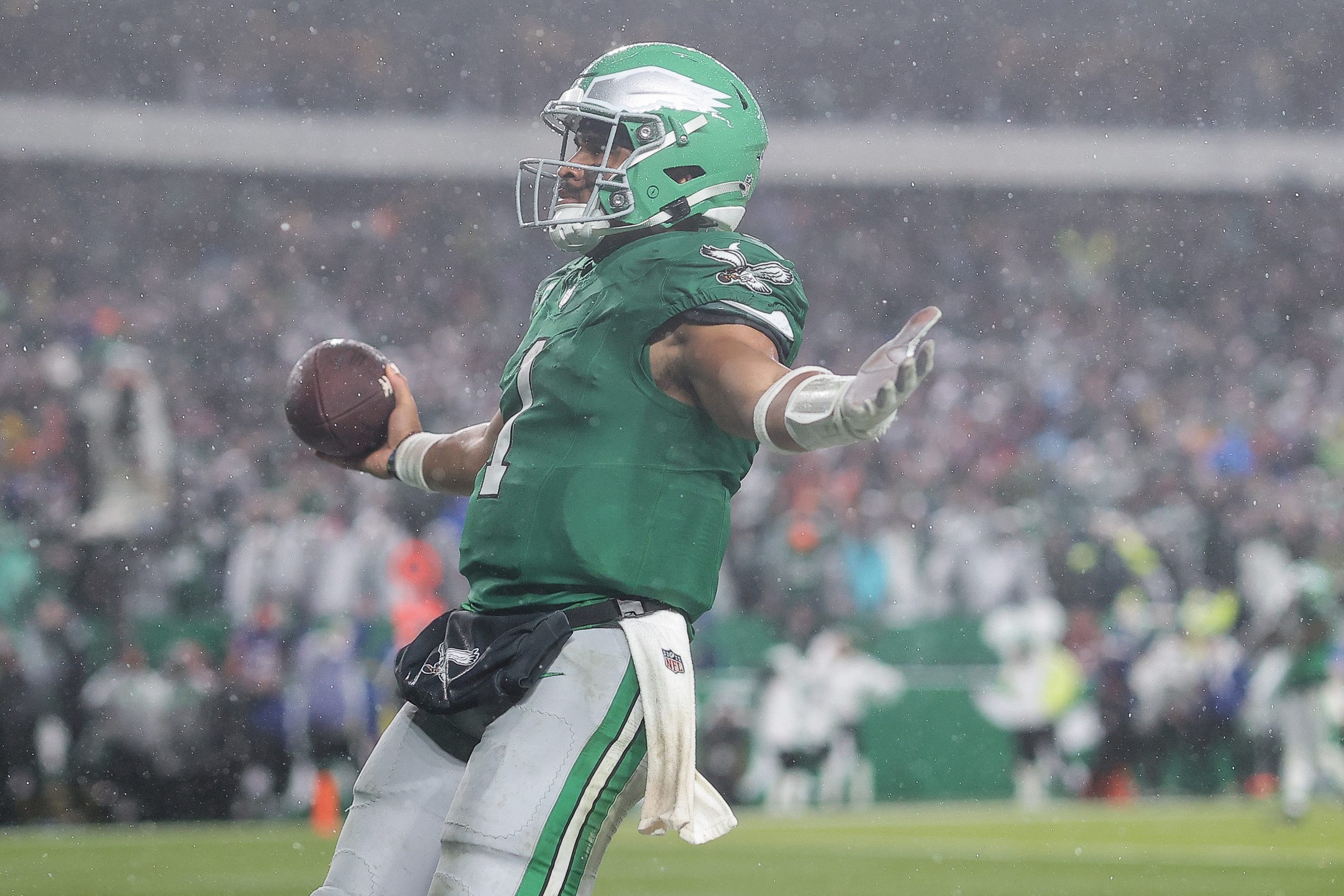 PHILADELPHIA, PENNSYLVANIA - NOVEMBER 26: Jalen Hurts #1 of the Philadelphia Eagles reacts after scoring the game winning touchdown in overtime against the Buffalo Bills at Lincoln Financial Field on November 26, 2023 in Philadelphia, Pennsylvania. (Photo by Tim Nwachukwu/Getty Images)