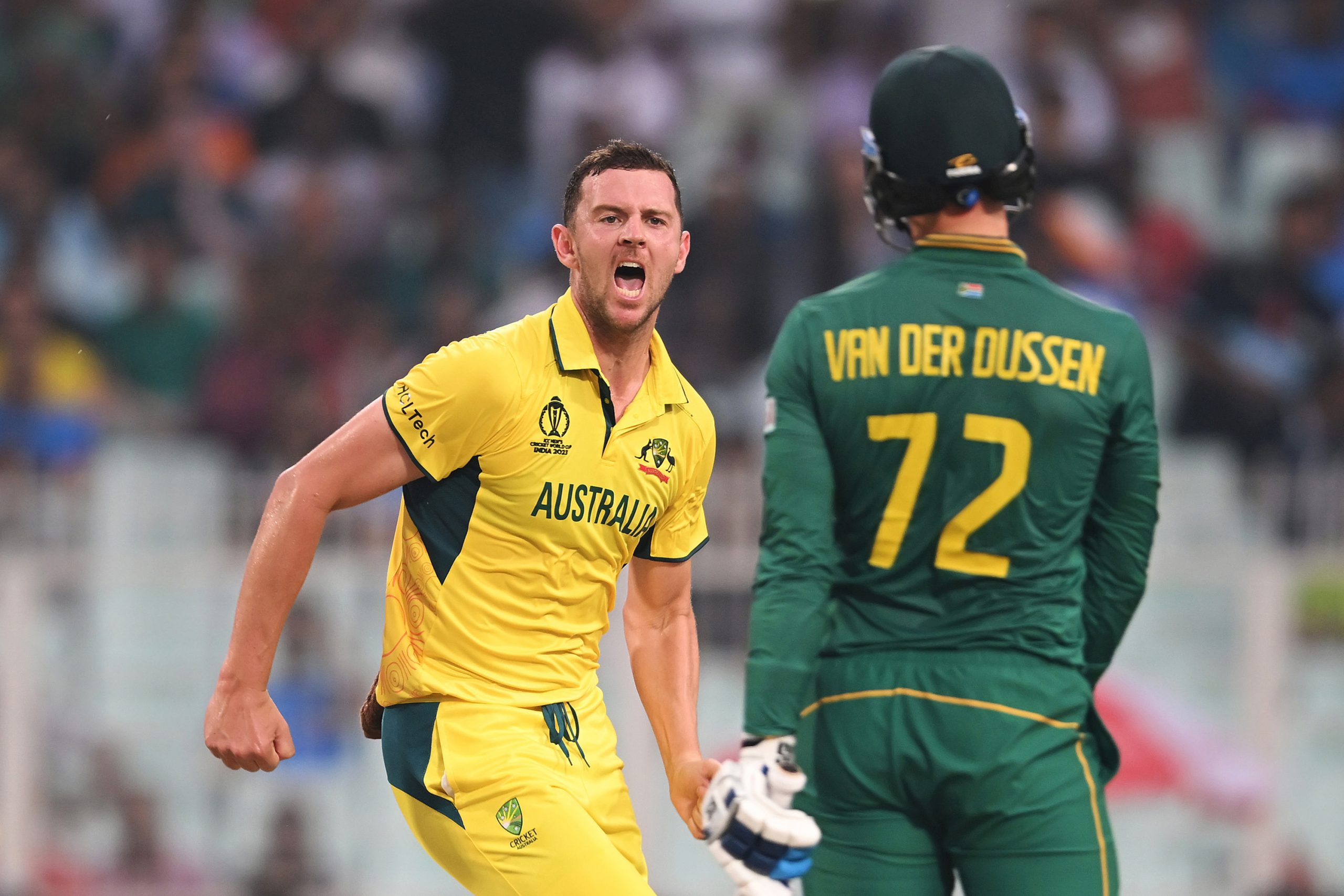 KOLKATA, INDIA - NOVEMBER 16: Josh Hazlewood of Australia celebrates after dismissing Rassie van der Dussen of South Africa during the ICC Men's Cricket World Cup India 2023 Semi Final match between South Africa and Australia at Eden Gardens on November 16, 2023 in Kolkata, India. (Photo by Matt Roberts-ICC/ICC via Getty Images)