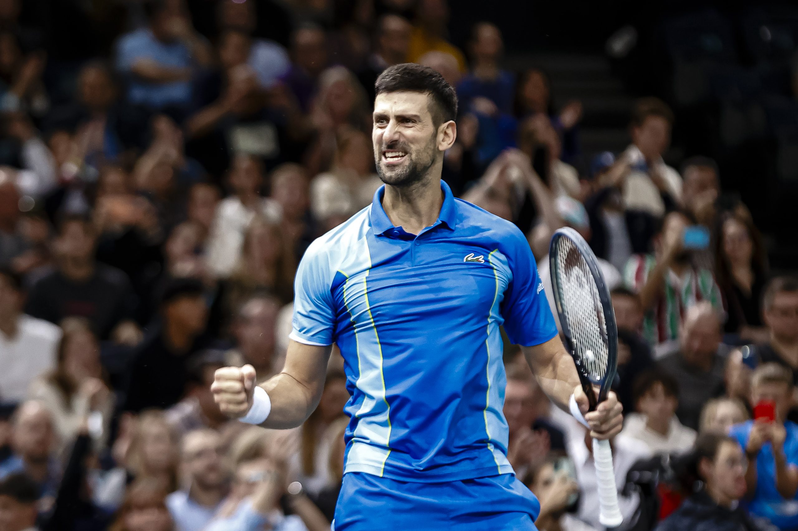 PARIS, FRANCE - NOVEMBER 5: Novak Djokovic during Rolex Paris Masters Final on Day Seven at Palais Omnisports de Bercy on November 5, 2023 in Paris, France. (Photo by Antonio Borga/Eurasia Sport Images/Getty Images)