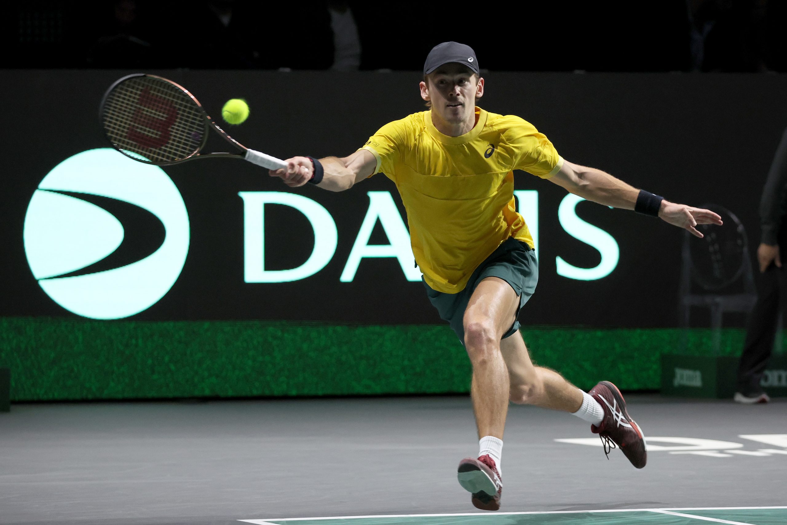 Alex de Minaur of Australia plays a forehand in the Davis Cup.