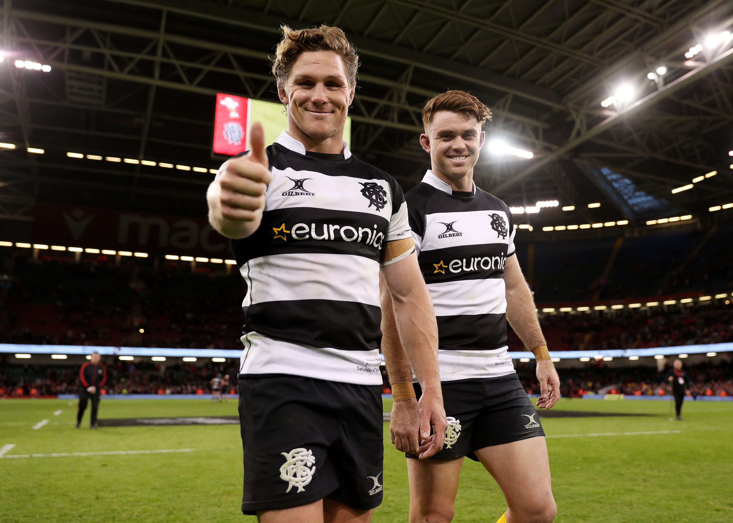 Former Wallabies capatain Michael Hooper (left) of the Barbarians and Andrew Kellaway.