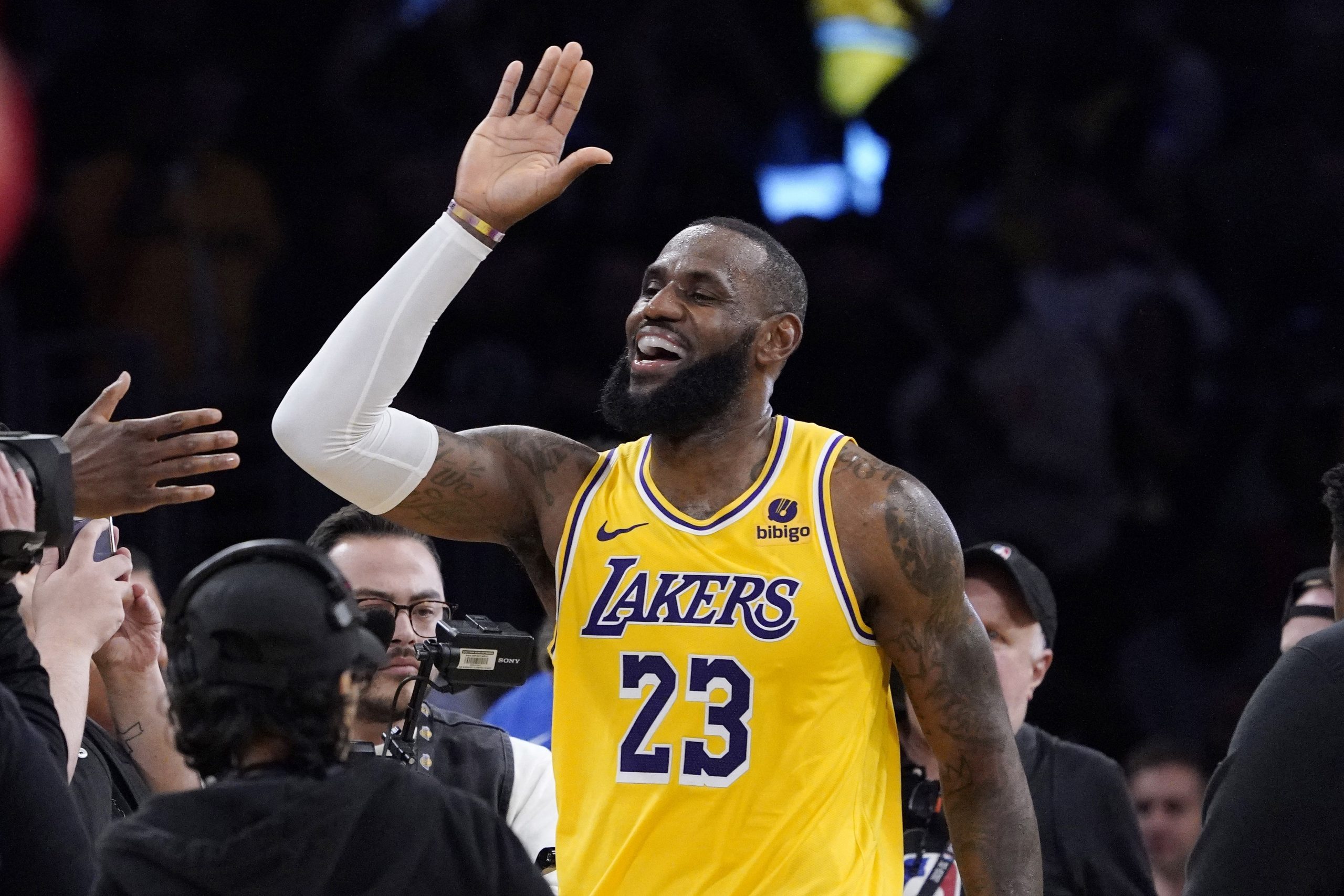 Los Angeles Lakers forward LeBron James celebrates after the Lakers defeated the Los Angeles Clippers 130-125 in an NBA basketball game Wednesday, Nov. 1, 2023, in Los Angeles. (AP Photo/Mark J. Terrill)