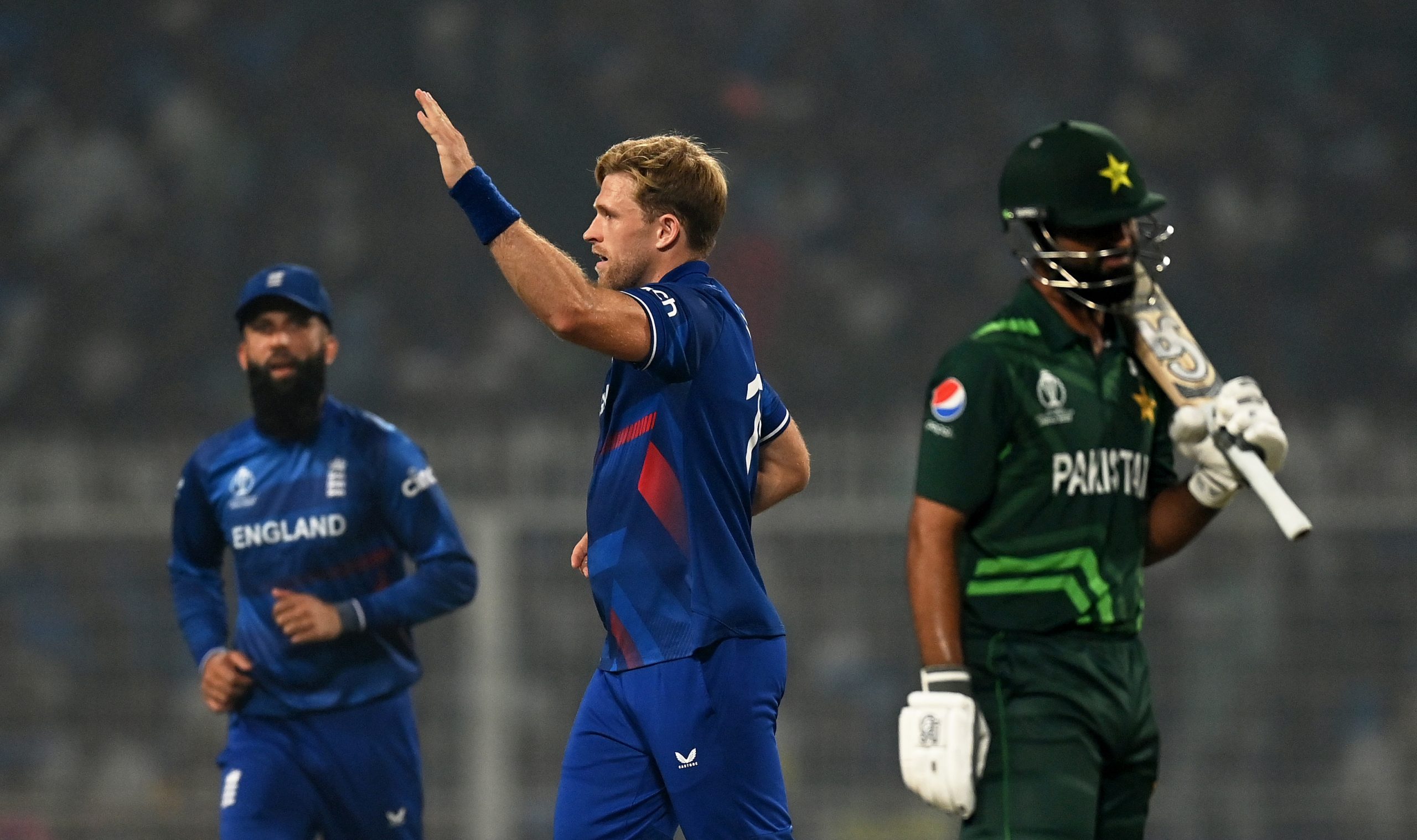 KOLKATA, INDIA - NOVEMBER 11: David Willey of England celebrates the wicket of Fakhar Zaman of Pakistan during the ICC Men's Cricket World Cup India 2023 between England and Pakistan at Eden Gardens on November 11, 2023 in Kolkata, India. (Photo by Gareth Copley/Getty Images)