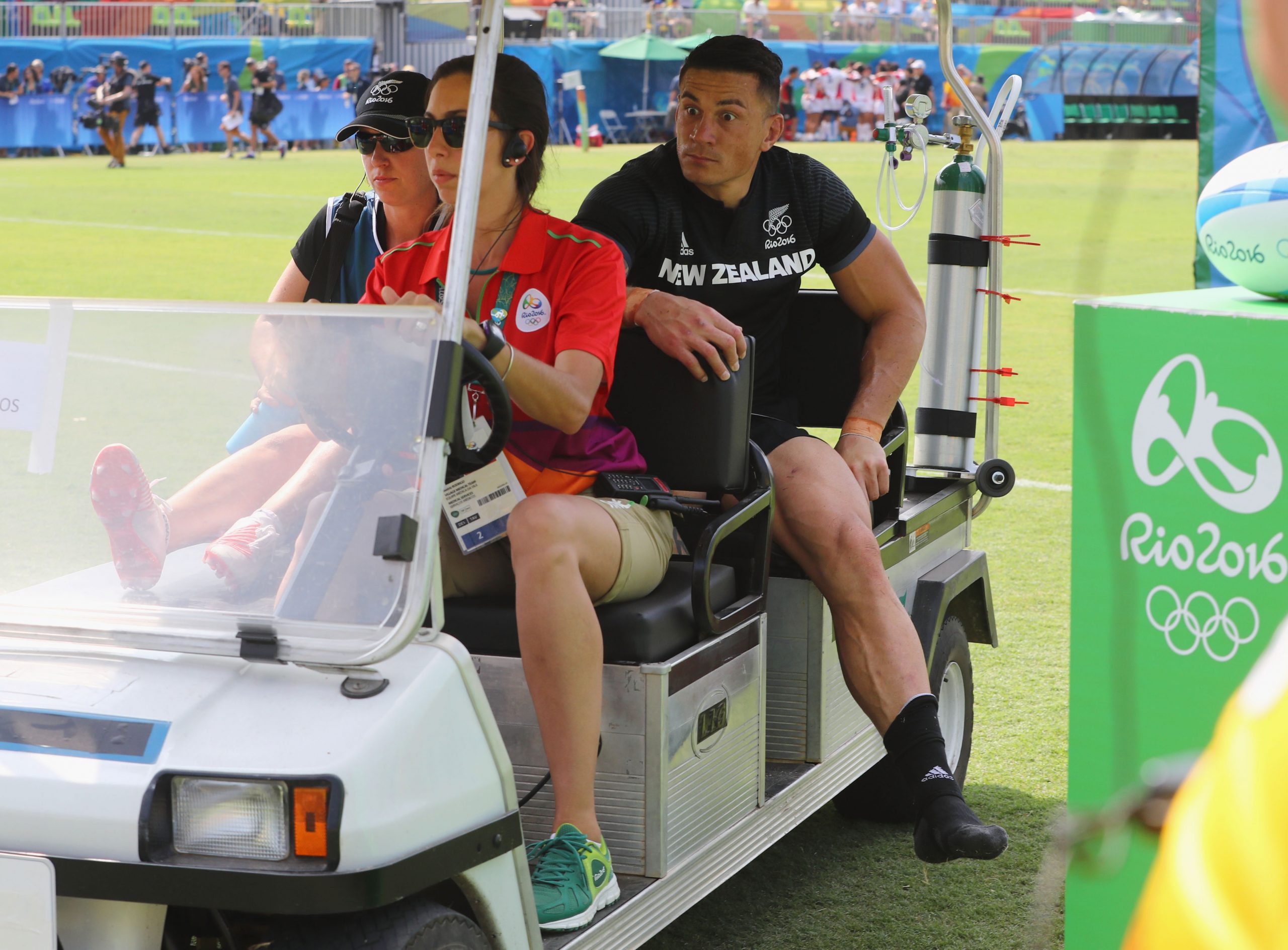 An injured Sonny Bill Williams of New Zealand is stretchered off.