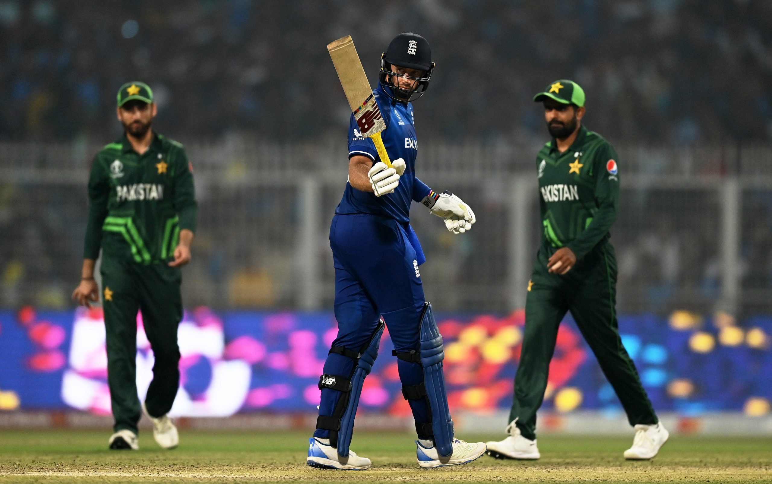 KOLKATA, INDIA - NOVEMBER 11: Joe Root of England celebrates his half century during the ICC Men's Cricket World Cup India 2023 between England and Pakistan at Eden Gardens on November 11, 2023 in Kolkata, India. (Photo by Gareth Copley/Getty Images)