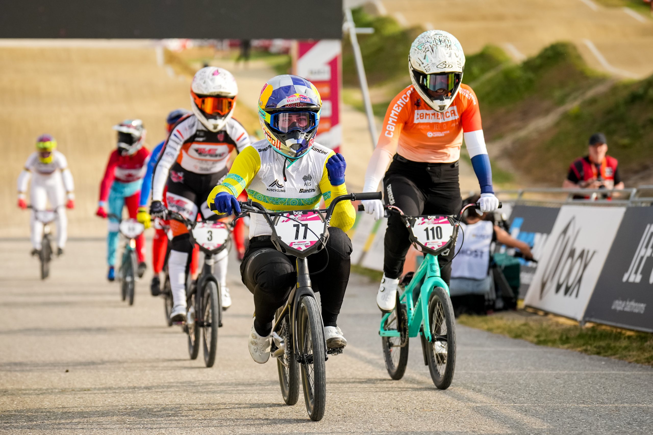 Australia's Saya Sakakibara finishes first in the women's final during round three of the 2023 UCI BMX Racing World Cup in the Netherlands.