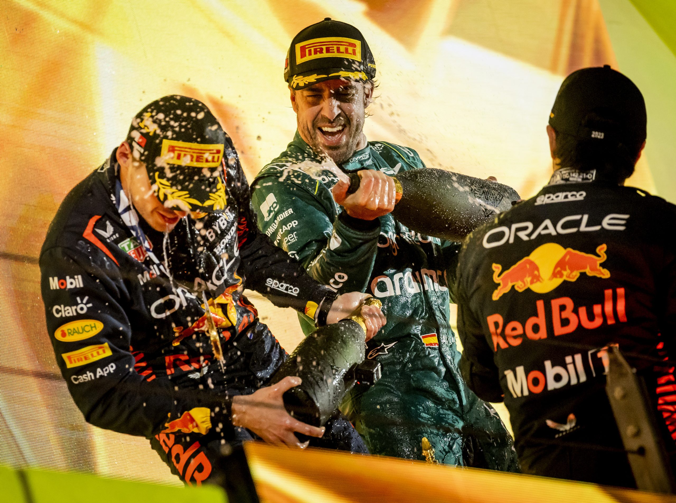 Max Verstappen (Red Bull Racing), Fernando Alonso (Aston Martin) and Sergio Perez (Red Bull Racing) on the podium after the Bahrain Grand Prix. It is the first race of the 2023 Formula 1 season. ANP SEM VAN DER WAL (Photo by ANP via Getty Images)