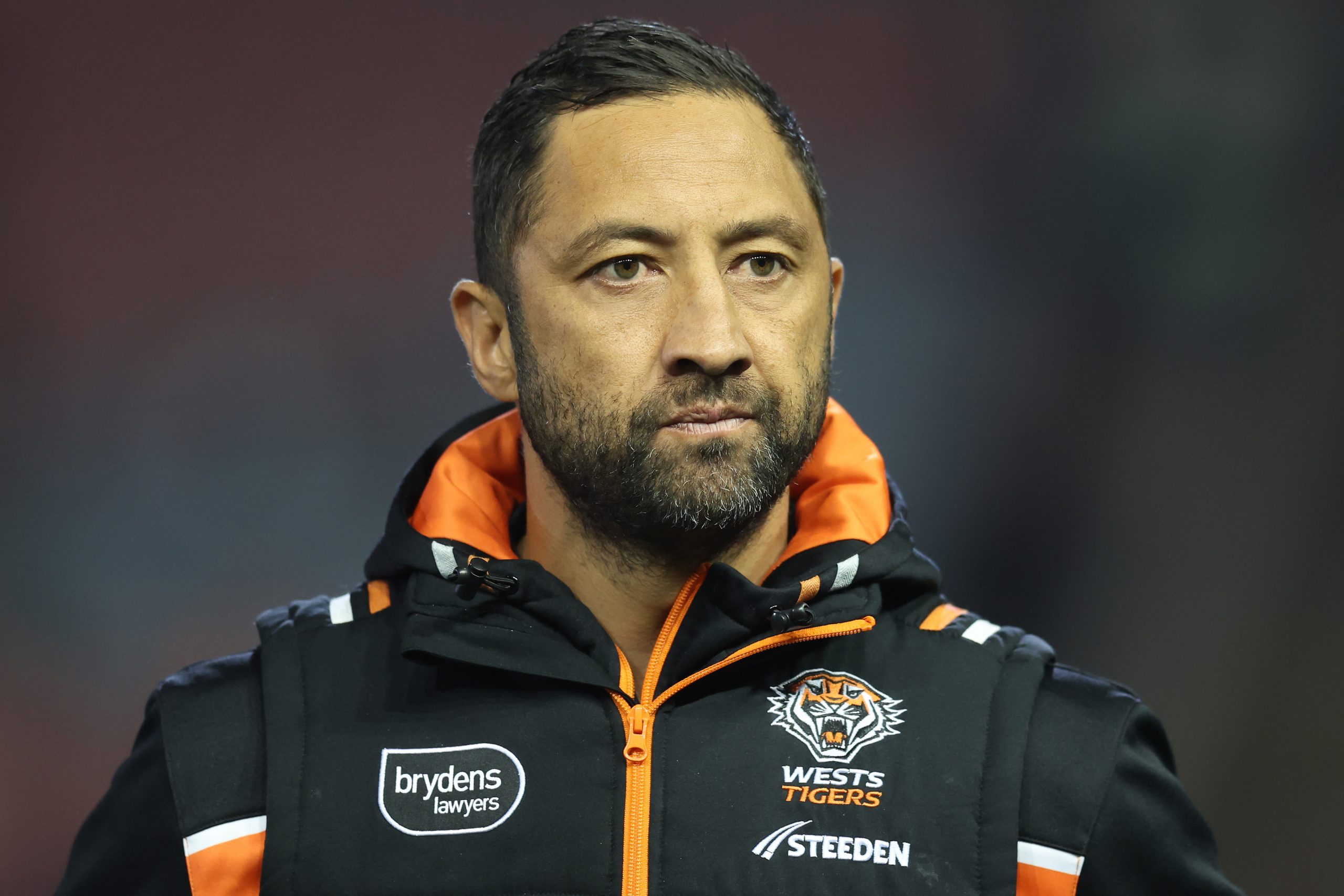 NEWCASTLE, AUSTRALIA - JULY 14: Benji Marshall Assistant Coach of the Tigers pre game during the round 20 NRL match between Newcastle Knights and Wests Tigers at McDonald Jones Stadium on July 14, 2023 in Newcastle, Australia. (Photo by Scott Gardiner/Getty Images)