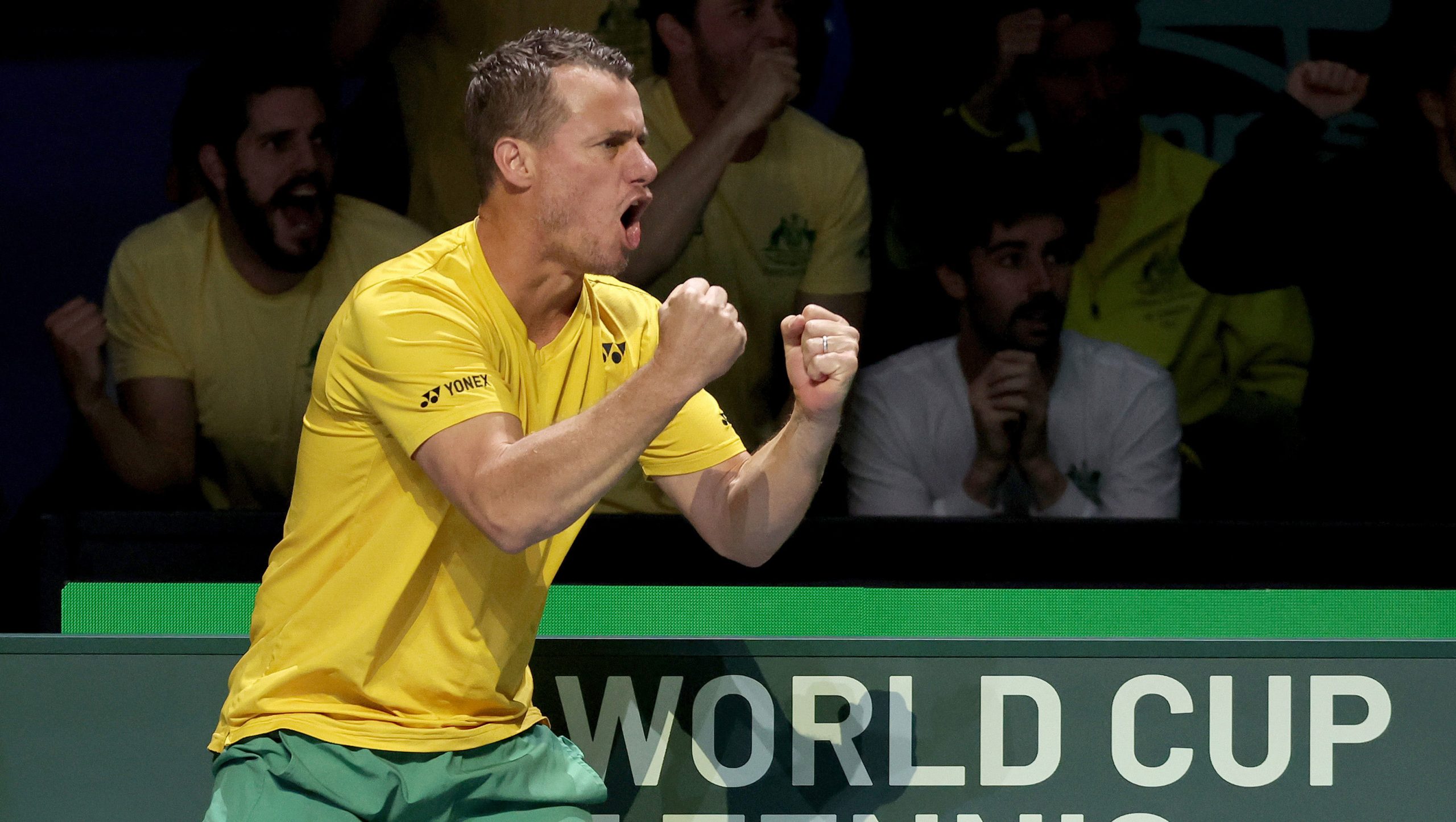 Captain Lleyton Hewitt of Australia reacts during the Davis Cup quarter final match between Alex De Minaur of Australia and Jiri Lehecka of Czechia at Palacio de Deportes Jose Maria Martin Carpena on November 22, 2023 in Malaga, Spain. 