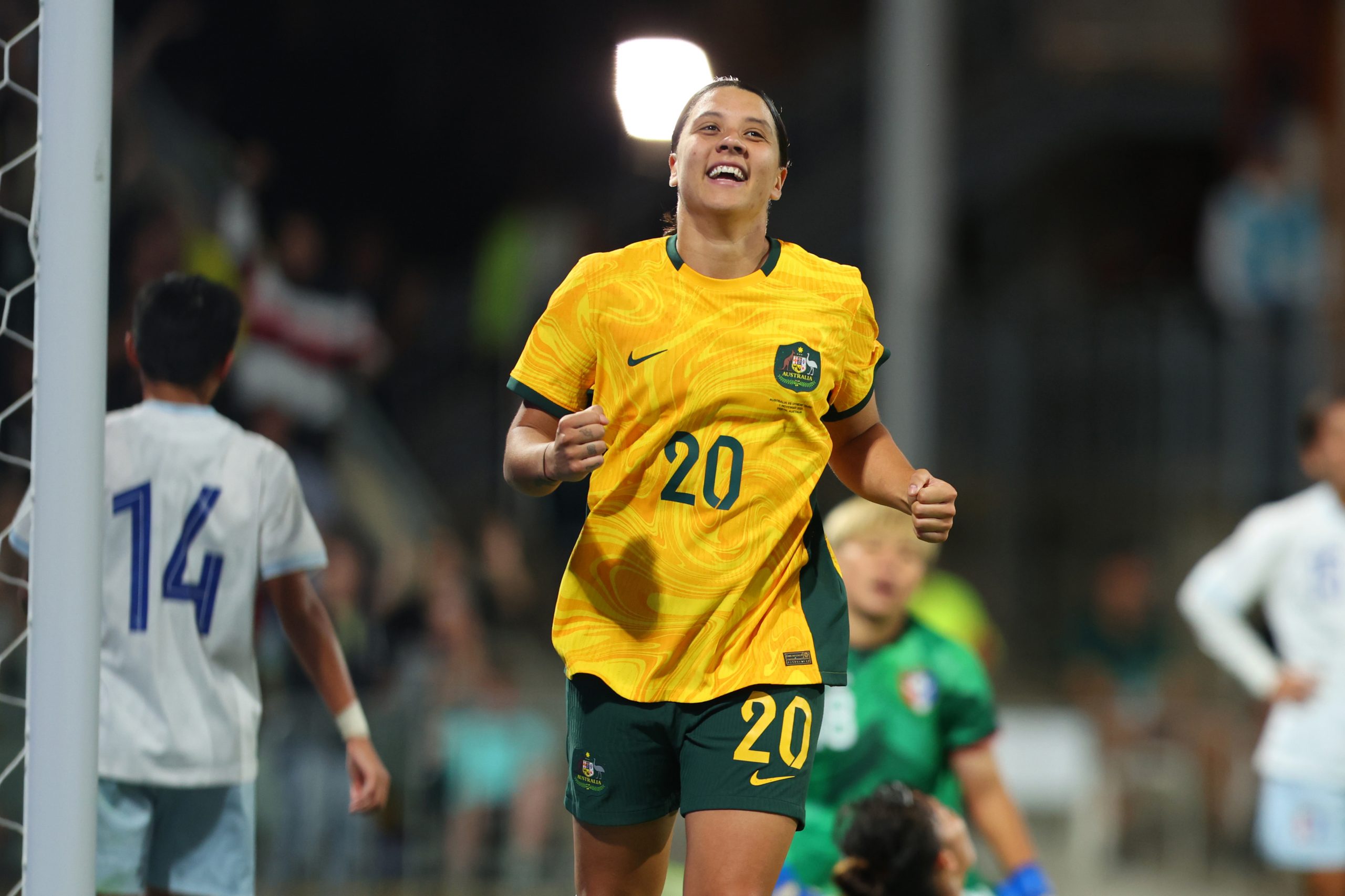 PERTH, AUSTRALIA - NOVEMBER 01: Sam Kerr of the Matildas celebrates her goal during the AFC Women's Asian Olympic Qualifier match between Australia Matildas and Chinese Taipei at HBF Park on November 01, 2023 in Perth, Australia. (Photo by James Worsfold/Getty Images)