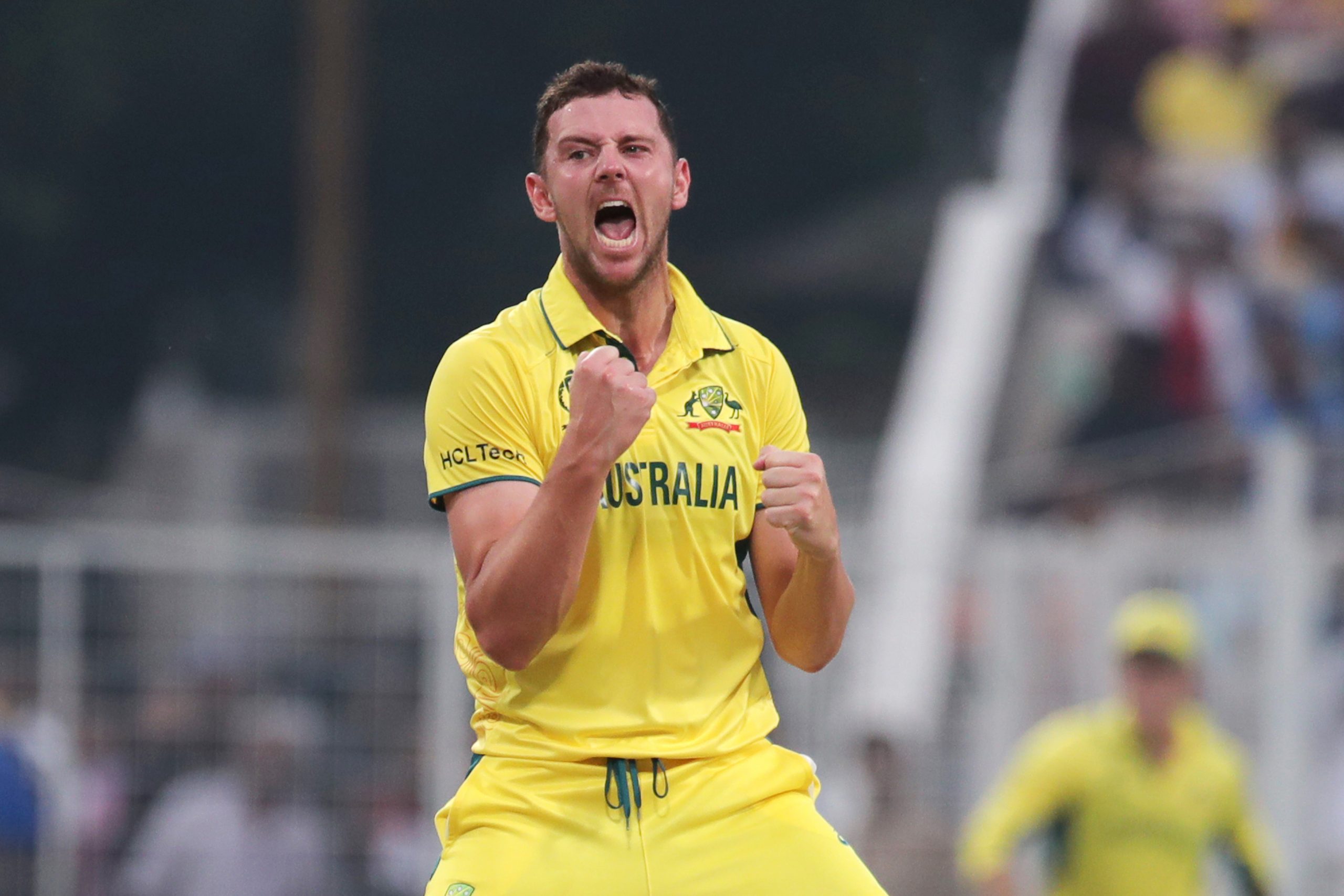 KOLKATA, INDIA - NOVEMBER 16: Australia's Josh Hazlewood celebrates the wicket of Quinton de Kock of South Africa  during the ICC Men's Cricket World Cup 2023 semi final match between South Africa and Australia at Eden Gardens on November 16, 2023 in Kolkata, India. (Photo by Pankaj Nangia/Gallo Images)