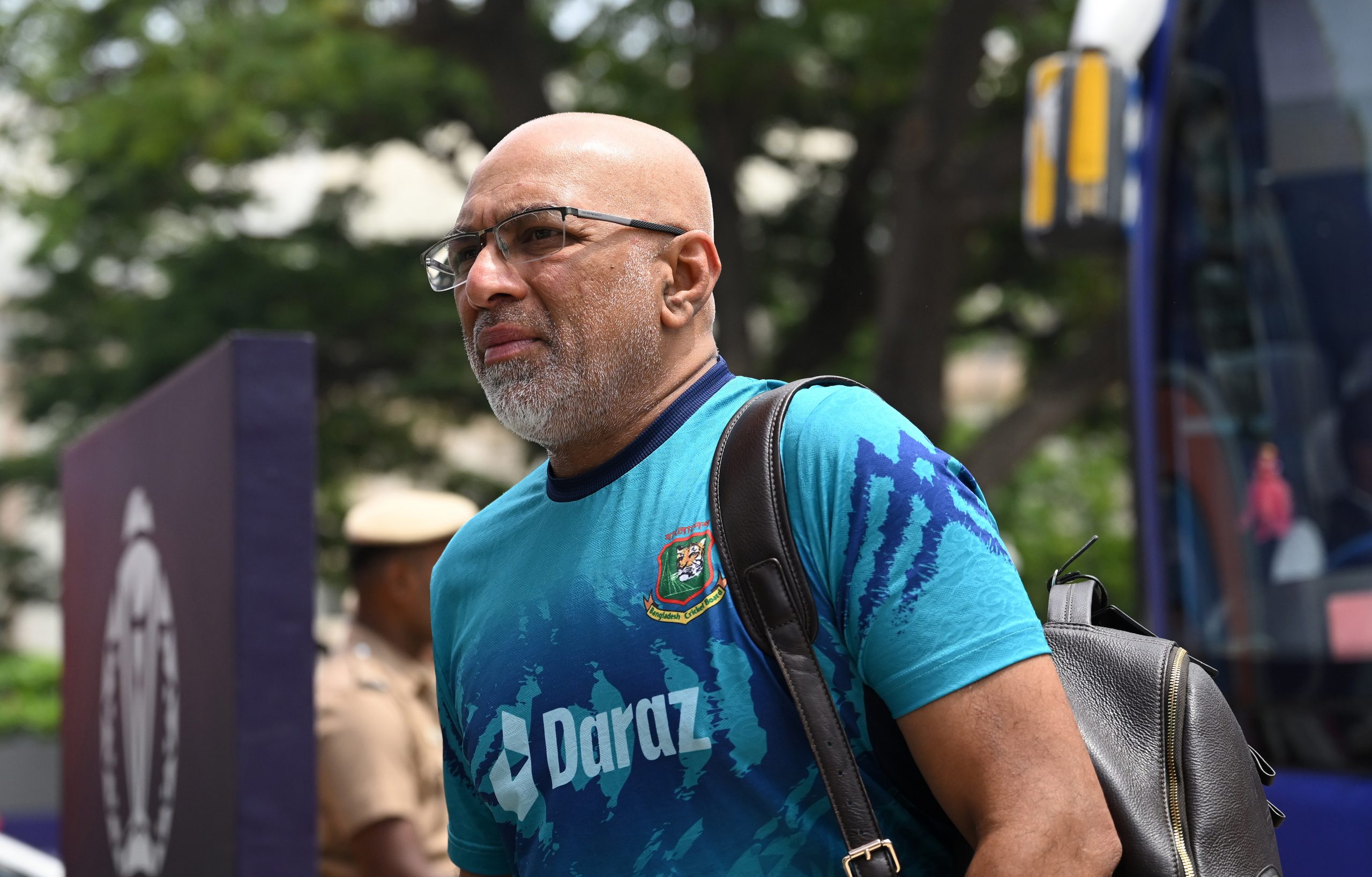 CHENNAI, INDIA - OCTOBER 13: Chandika Hathurusingha, Head Coach of Bangladesh arrives ahead of the ICC Men's Cricket World Cup India 2023 between New Zealand and Bangladesh at MA Chidambaram Stadium on October 13, 2023 in Chennai, India. (Photo by Matt Roberts-ICC/ICC via Getty Images)