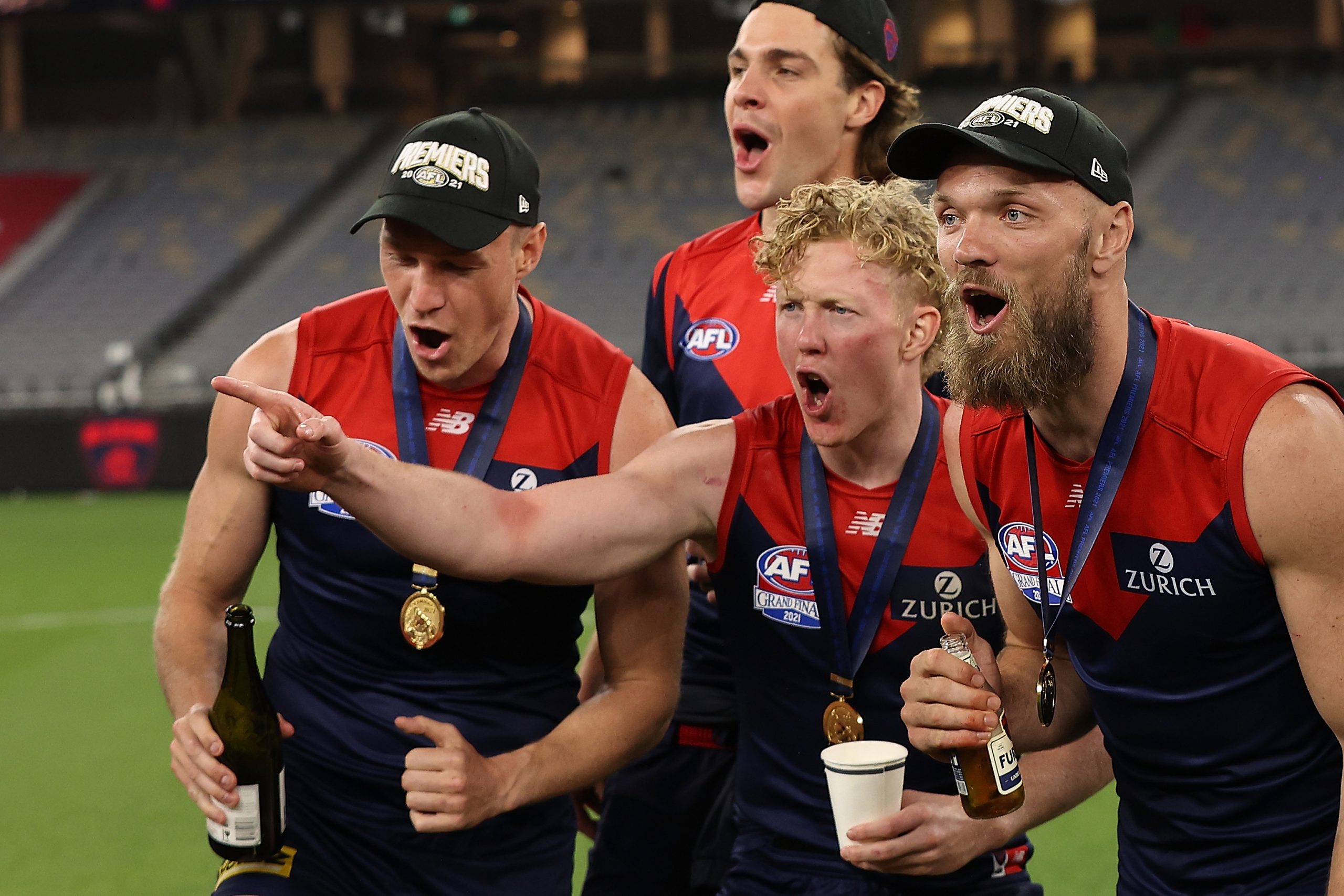 PERTH, AUSTRALIA - SEPTEMBER 25: Clayton Oliver and Max Gawn of the Demons celebrate after winning the 2021 AFL Grand Final match between the Melbourne Demons and the Western Bulldogs at Optus Stadium on September 25, 2021 in Perth, Australia. (Photo by Paul Kane/Getty Images)