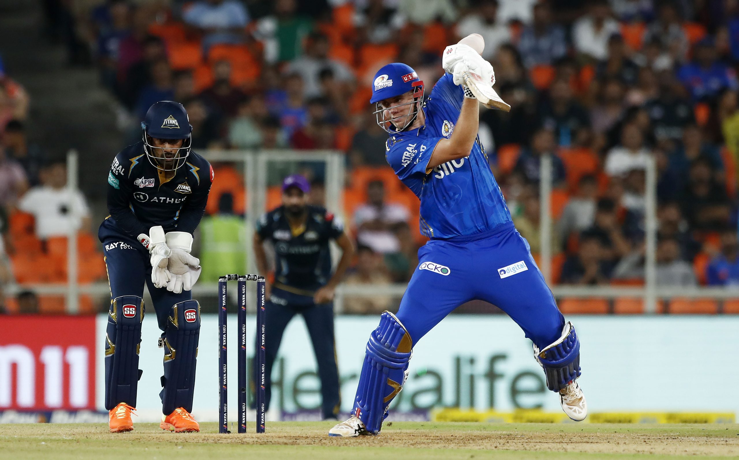 AHMEDABAD, INDIA - MAY 26: Cameron Green of Mumbai Indians bats during the IPL Qualifier match between Gujarat Titans and Mumbai Indians at Narendra Modi Stadium on May 26, 2023 in Ahmedabad, India. (Photo by Pankaj Nangia/Getty Images)
