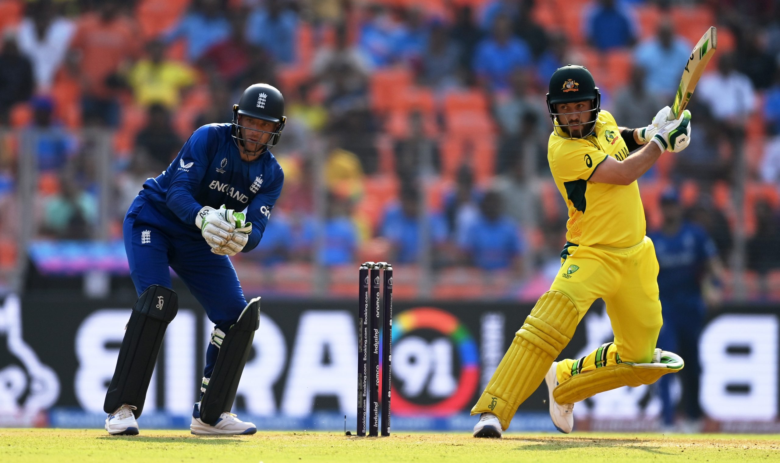 AHMEDABAD, INDIA - NOVEMBER 04: Josh Inglis of Australia plays a shot as Jos Buttler of England keeps during the ICC Men's Cricket World Cup India 2023 between England and Australia at Narendra Modi Stadium on November 04, 2023 in Ahmedabad, India. (Photo by Gareth Copley/Getty Images)