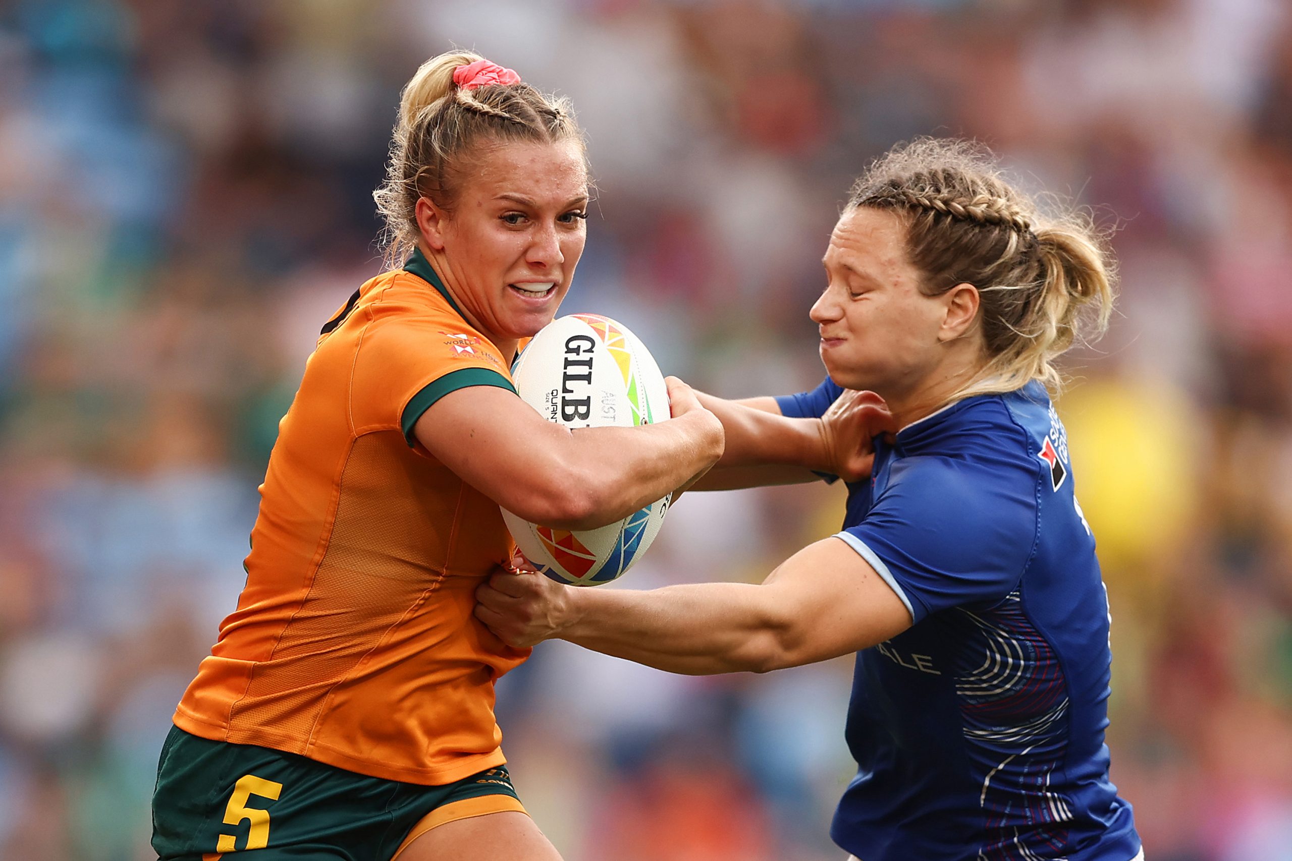 Teagan Levi of Australia is tackled during the 2023 Sydney Sevens.