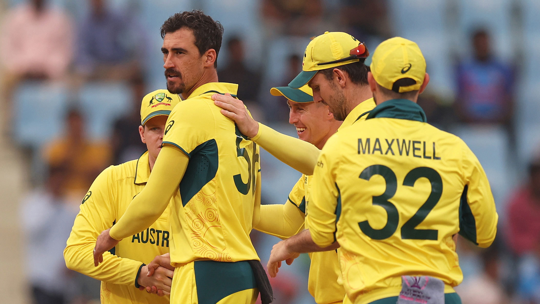 Mitchell Starc of Australia celebrates the wicket of Dhananjaya de Silva of Sri Lanka during the ICC Men's Cricket World Cup. 